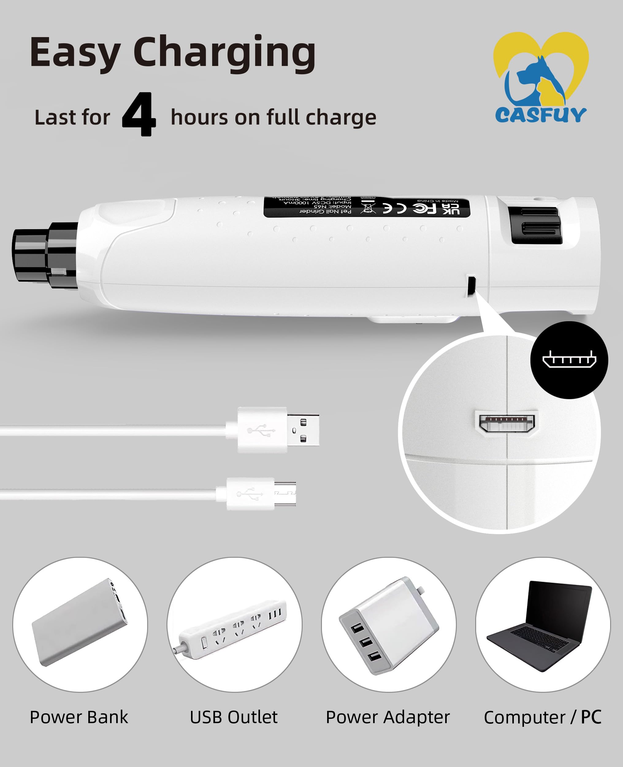 Casfuy Dog Nail Grinder Quiet - (45db) 6-Speed Pet Nail Grinder with 2 LED Lights for Large Medium Small Puppy Dogs/Cats, Professional 3 Ports Rechargeable Electric Dog Nail Trimmer with Dust Cap - image 8