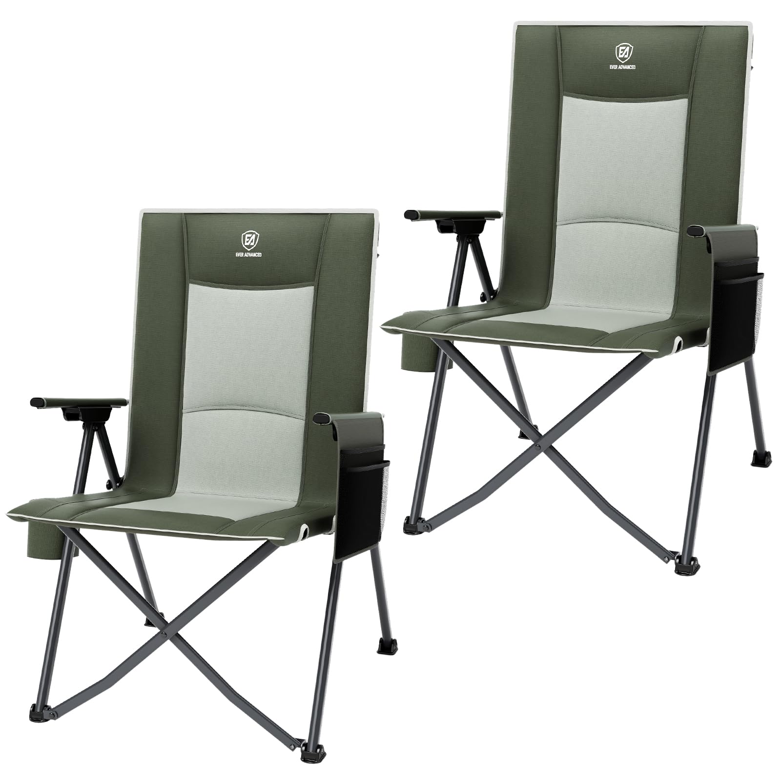 EVER ADVANCED Luxury Camping Chair Folding for Adults Set of 2 Heavy Duty 350lbs, Garden Chair Reclining Padded with Cup Holder Side Pocket, Foldable with 4-Position Adjustable Back, Green