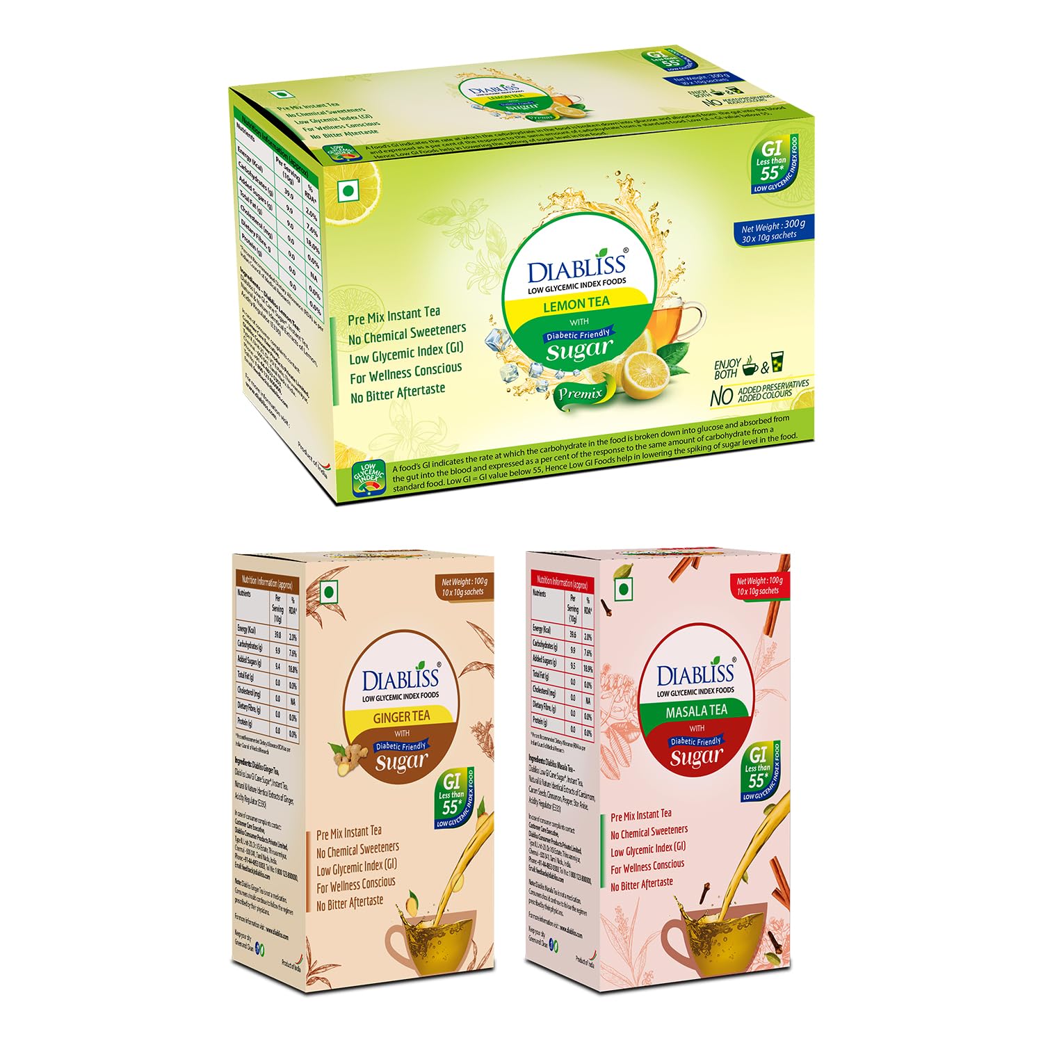 Diabliss Tea Premixes Combo - Lemon Tea 30 x 10g Sachets, Ginger & Masala - Each 10 x 10g Sachets. Instant Tea, For Wellness Conscious Diabetic Friendly (B0BFHV1HXD) Amazon Price History, Amazon Price Tracker