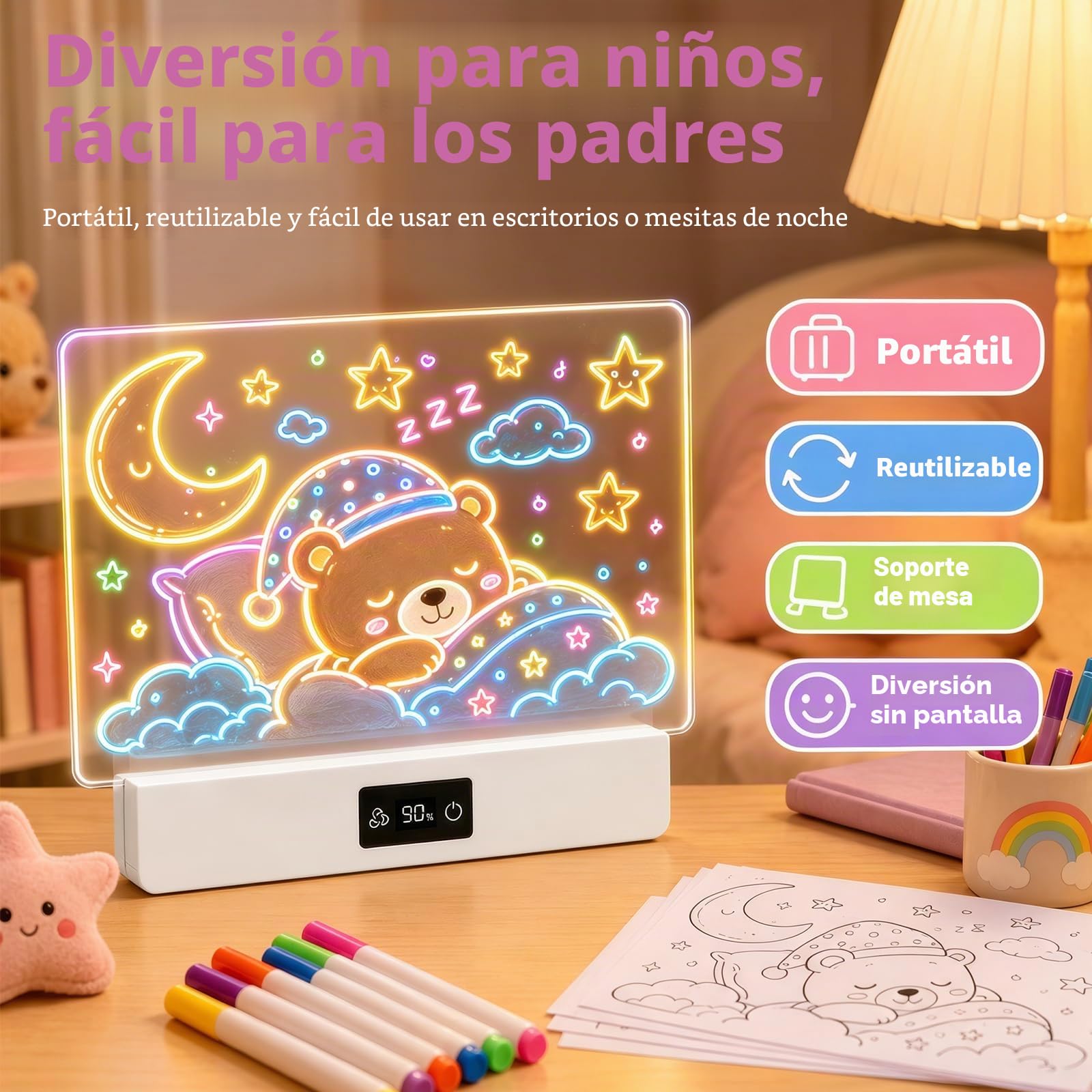 OUTON Pizarra LED para Dibujar Niños con 8 Colores y 3 Modos de Luz | Pizarra Luminosa Reutilizable con 7 Rotuladores y Plantillas, Juguete Creativo para Niña y Niño, USB-C