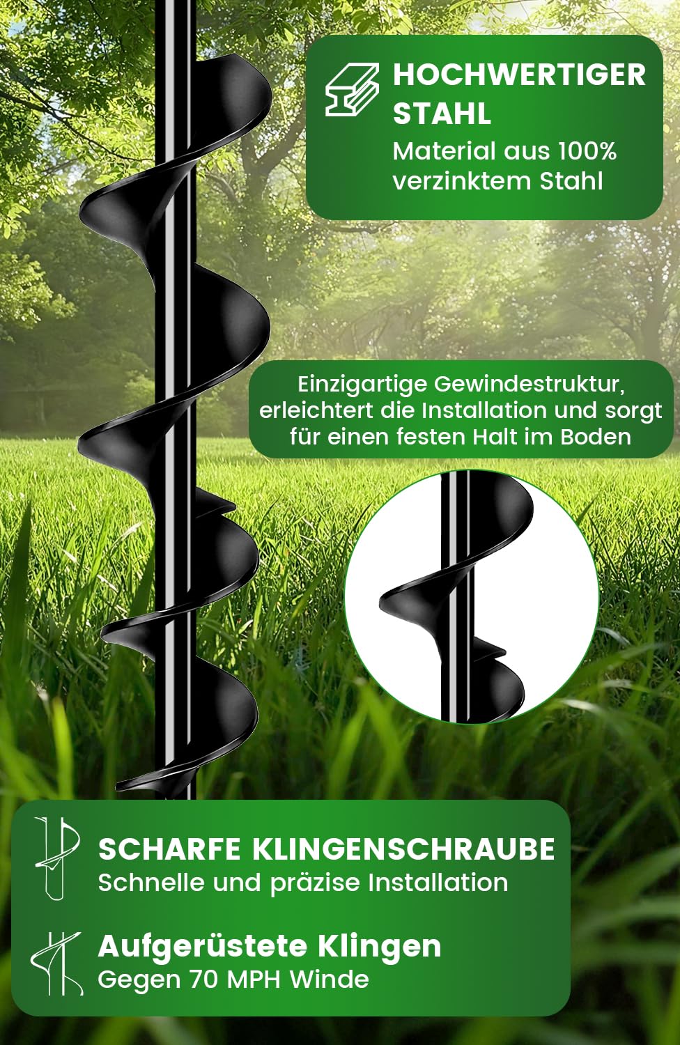 Piquets d'ancrage au sol 48 cm, lot de 4 Piquets d'ancrage Premium Secure version améliorée à visser pour la fixation de tentes, trampolines, chiens, abris, etc., résistent au vent fort