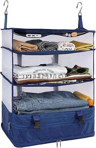 Surblue Bolsa de almacenamiento plegable para armario, 3 estantes, tela Oxford lavable con 2 ganchos (XL 17.71 x 11.81 x 20 pulgadas, azul)