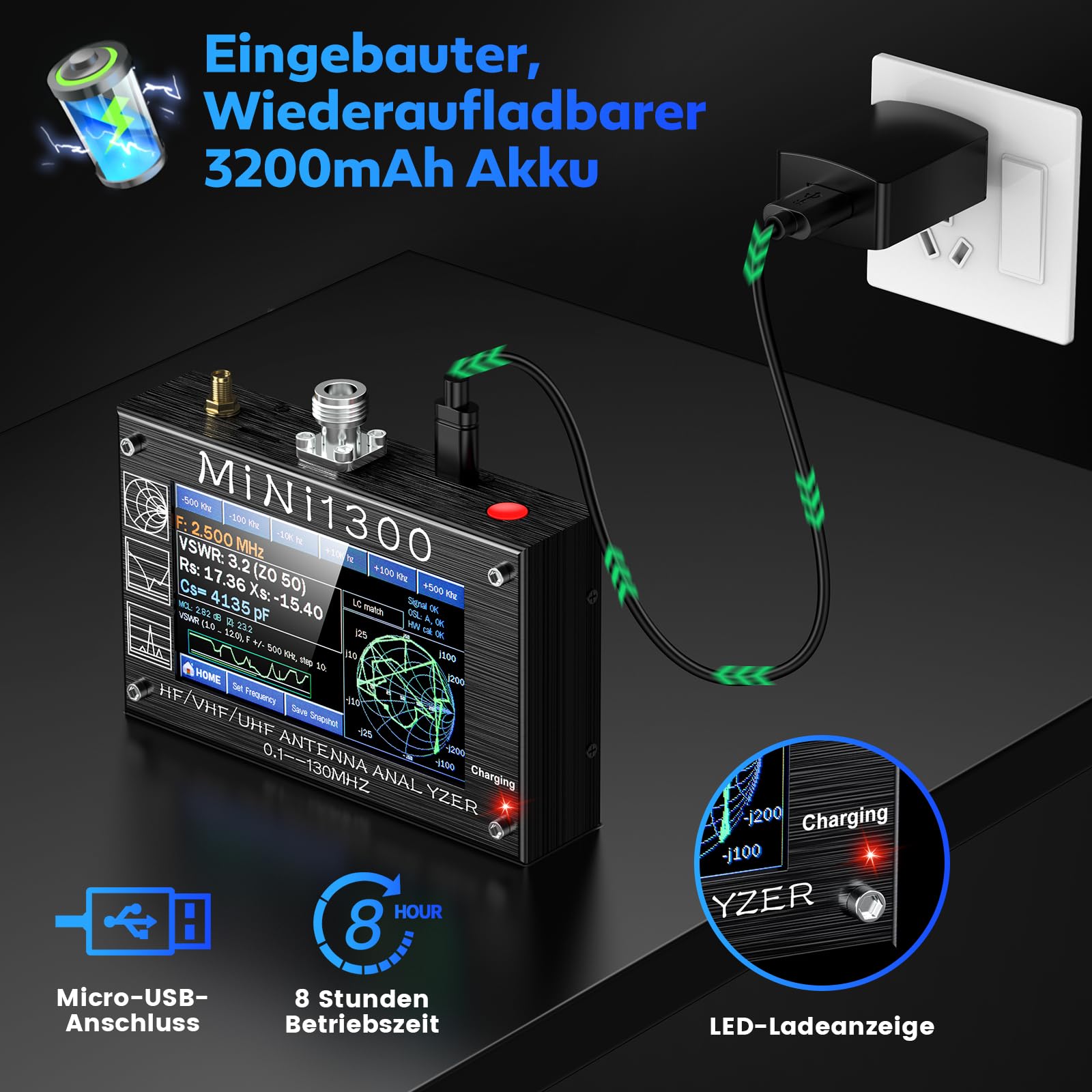 Seesii Mini 1300 Antennen Analysator, 2024 Aufgerüsteter 4,3 Zoll Signalgenerator 0,1-1300MHz HF VHF UHF ANT/SWR/TDR/DSP RF mit SMA Kalibrierkits