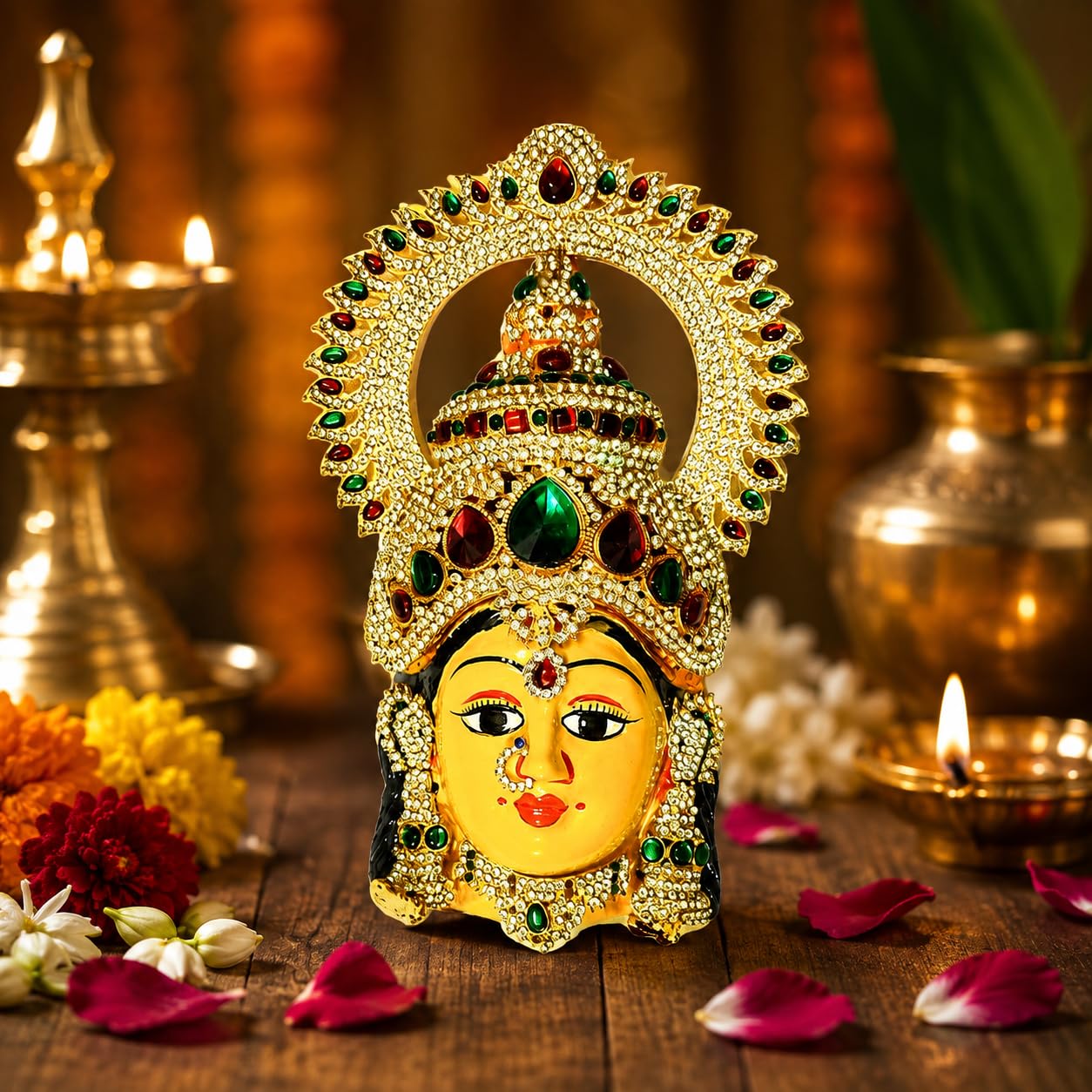 Varalakshmi Face Idol with Stone Decorated Crown for Pooja Varalakshmi Amman Face Idol with Crown Varamahalakshmi Amman Mukhavada with Kiritam Lakshmi Mukhota-image-3
