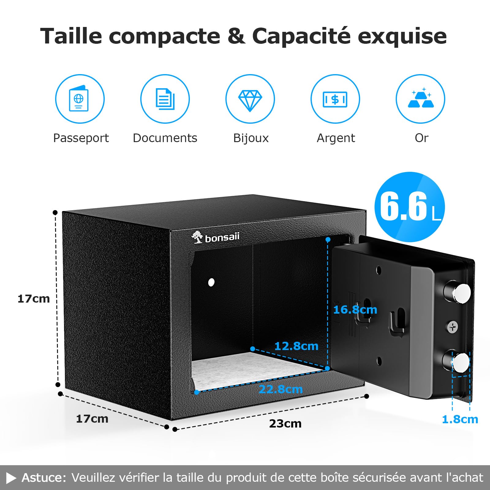Bonsaii 6.6L Safe Box, Small Safe Lock Box with Electronic Keypad for Money, Steel Construction Digital Safe, Mini Safe with 2 Keys for Home Office Hotel - 3