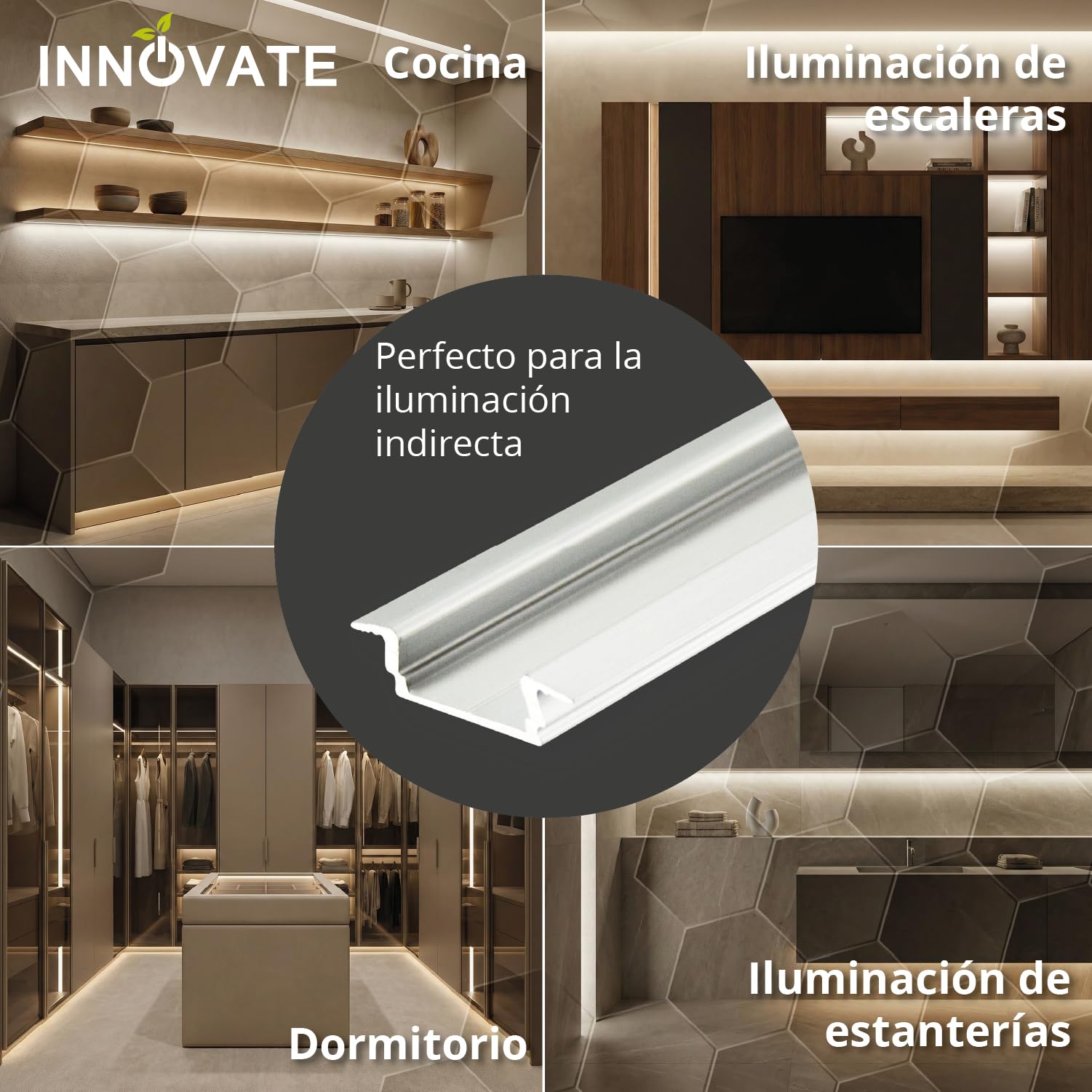 INNOVATE Perfil aluminio empotrable tiras LED 2m Negro-Traslucido Set5