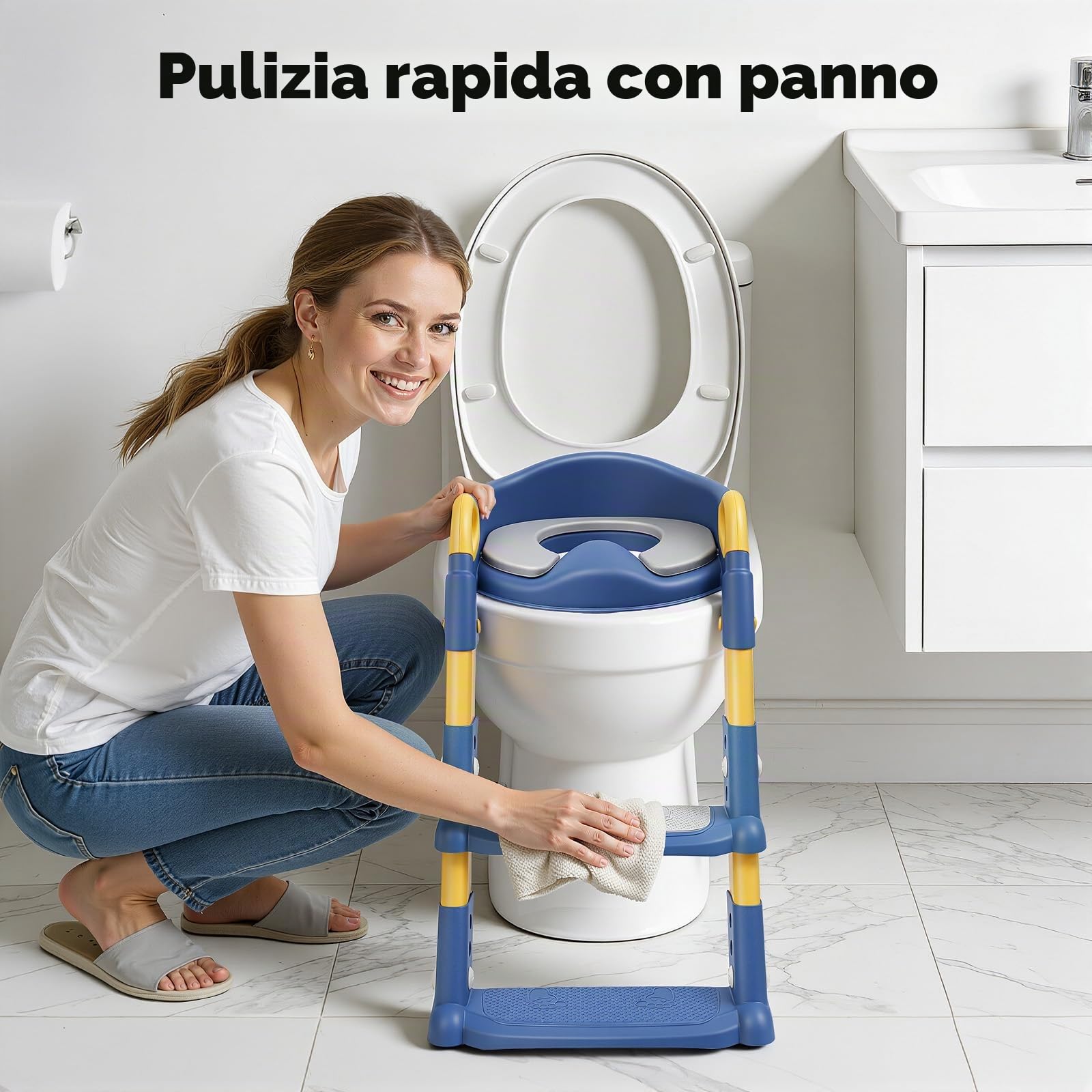 Sedile WC per Bambini con Scala, Sedile WC Pieghevole per Bambini per WC a V/U/O, 6 Regolazioni di Altezza, Supporto WC a U, con Cuscino PU Rimovibile, Blu