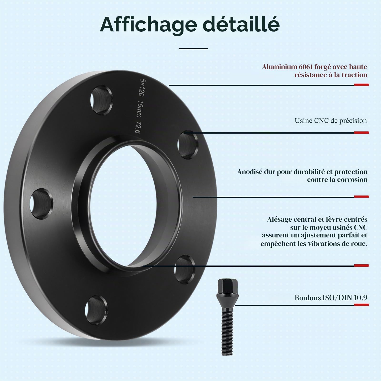 GEARMONSTER Lot de 10 élargisseurs de voie 2 x 15 mm LK: 5 x 120 mm NLB:72.6 avec 10 boulons de roue M12 x 1,5 mm 45 mm pour BMW E46 E60 E92 | Lot de 2 disques d'espacement LK 5 x 120, NLB 72,6 mm, avec 10 vis coniques M12 x 1,5 x 45 mm, plaques de guidag