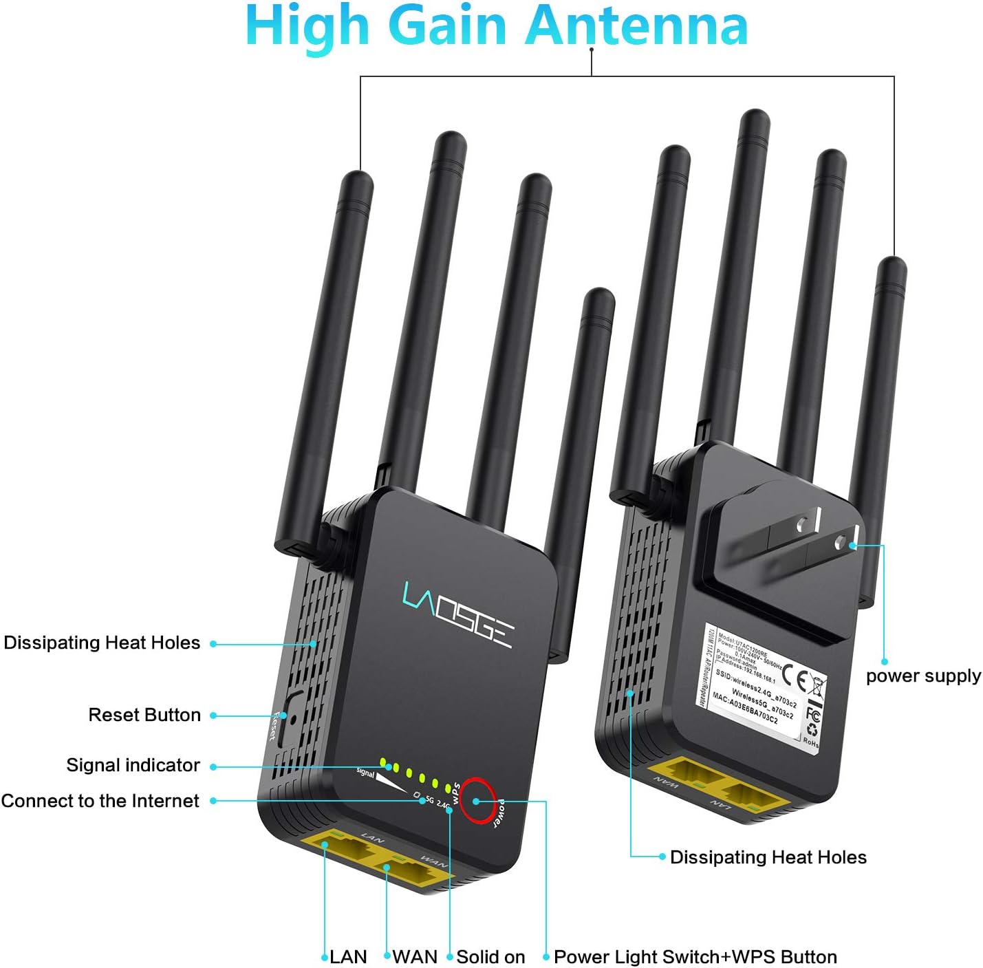 Frее Shірріng Ovеr $50 LAOSGE Super WiFi Extender Signal Booster, 1200Mbps WiFi Booster Wireless Internet Amplifier 360° Full Coverage, 2.4 & 5GHz Dual Band WiFi Repeater with Ethernet/LAN Port (Black)