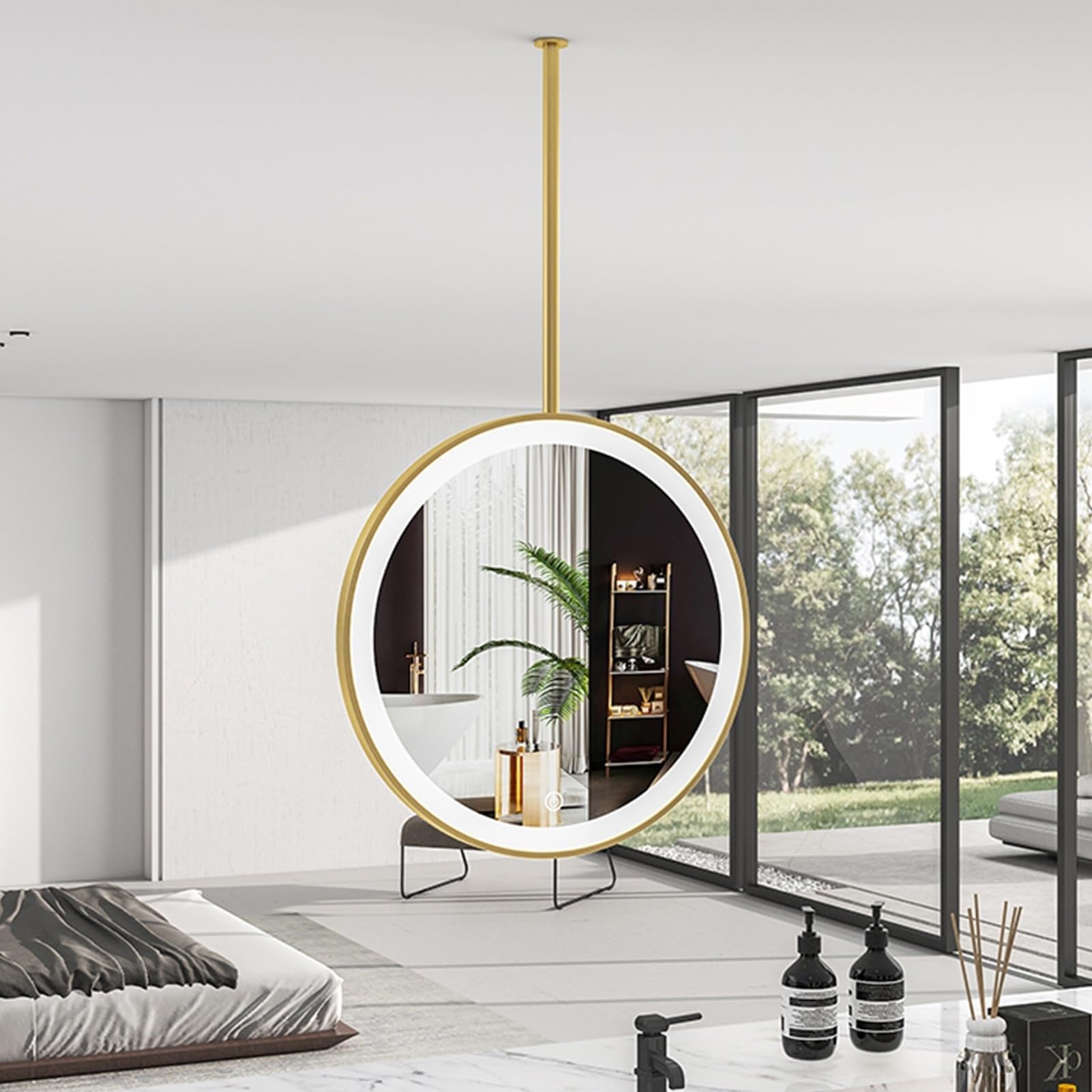 Miroir déco doré haut de gamme THEGA avec éclairage LED trois couleurs et fixation