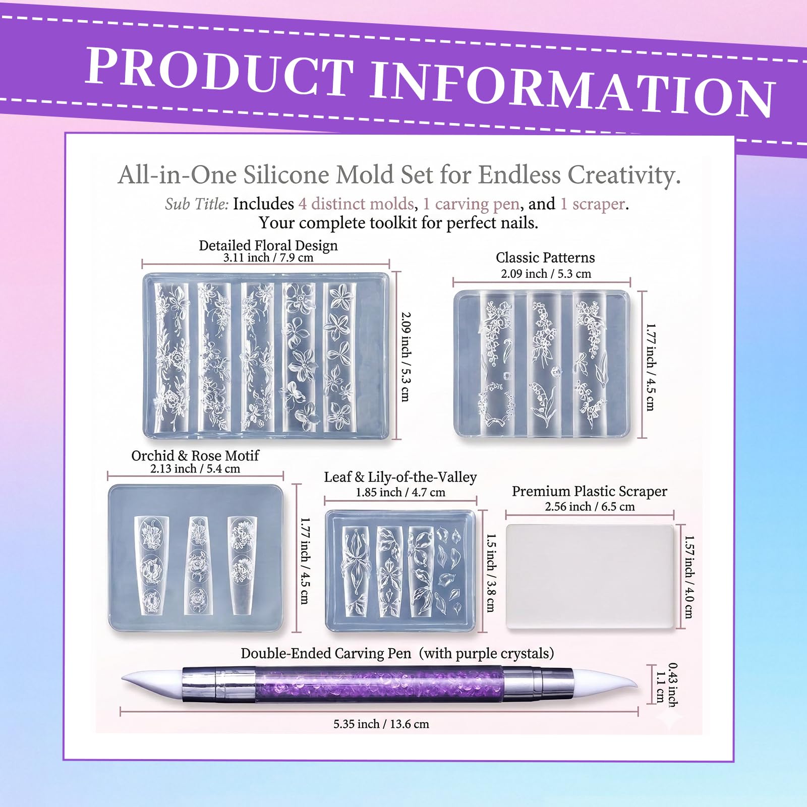 Nails Mold, set da 4 pezzi di timbri per unghie per disegno nail art con stampi in silicone 3D con fiori, stamping templates per unghie
