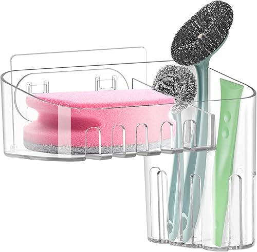 Lunmore Organizador para fregadero de cocina, esponja de plástico y soporte para cepillos, organizador adhesivo para fregadero para baño, cocina