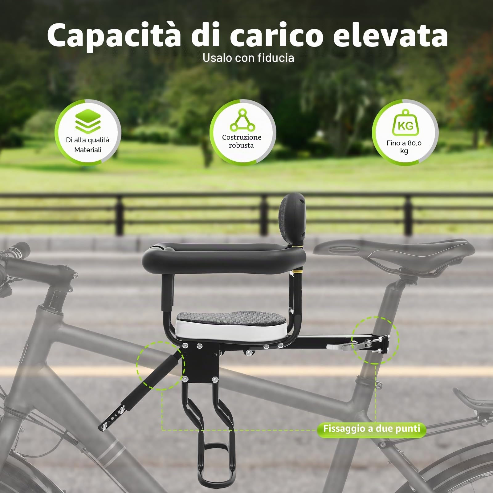 Seggiolino per bicicletta per bambini, Seggiolino di sicurezza regolabile per bambini da bicicletta, Supporto anteriore per seggiolino bicicletta, Capacità di carico 80kg, Altezza pedale 21