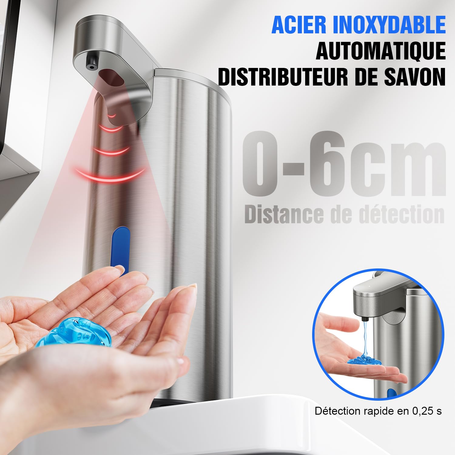 Fantictas Distributeur de savon automatique sans contact, en acier inoxydable, 3 niveaux, réglable à 3 niveaux, avec pompe à capteur rechargeable, pour savon liquide de cuisine et de salle de bain