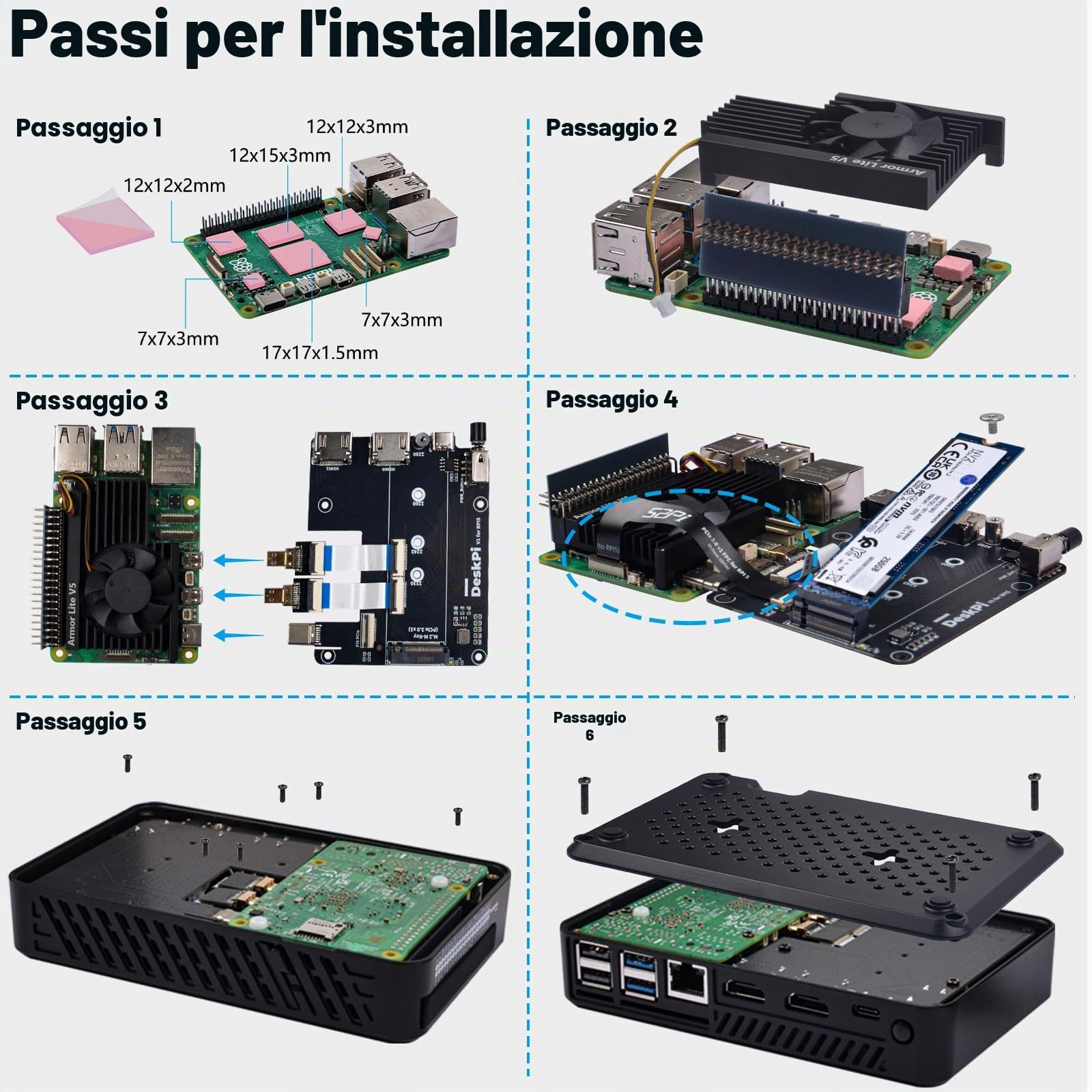 GeeekPi DeskPi Lite Pi5 Case con pulsante di accensione, PCIe a M.2 HAT, Active Cooler, e Dual Full-Size HDMI per Raspberry Pi 5, supporta M.2 NVMe M-Key 2230/2242/2260/2280 SSD