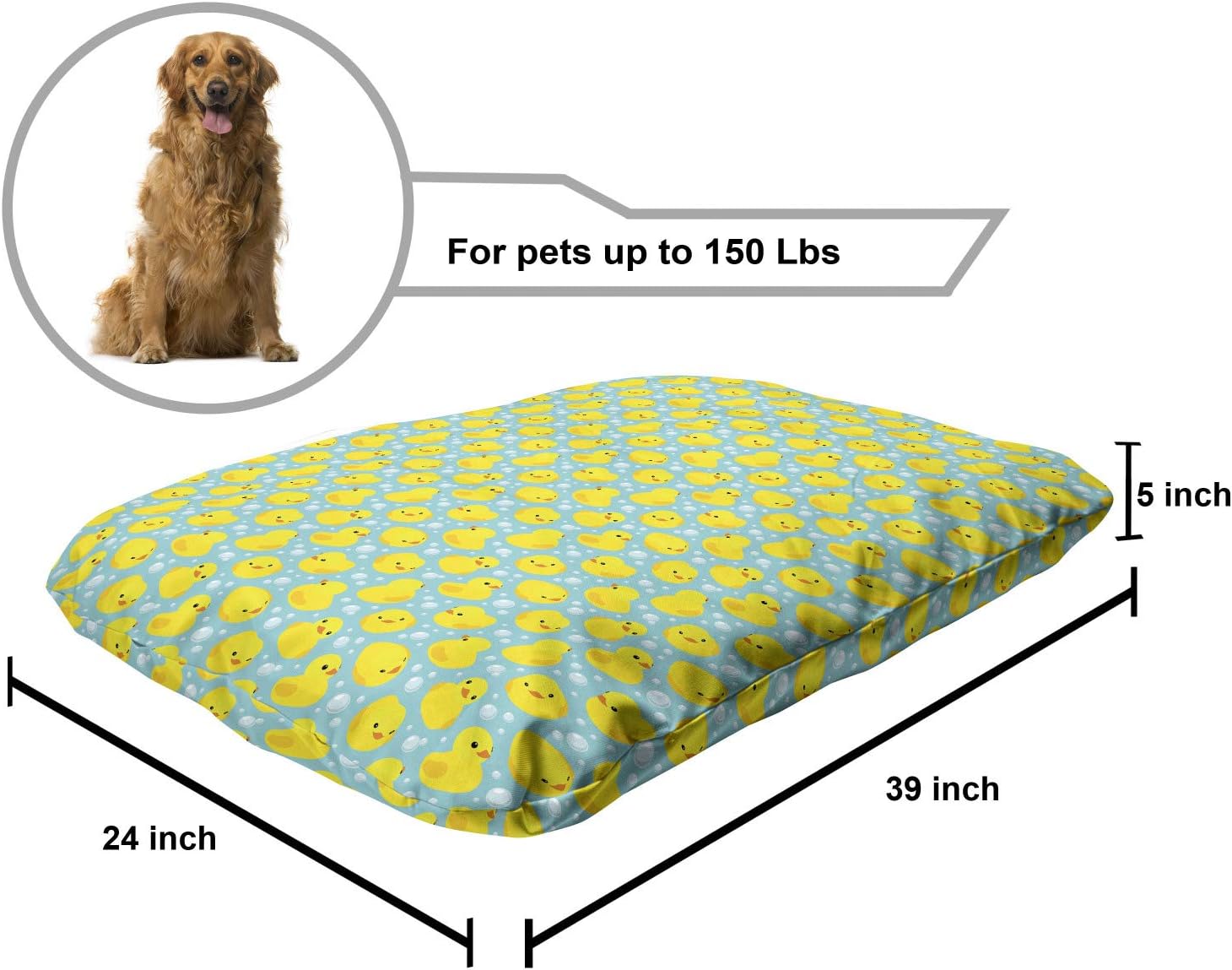 review Lunarable Cartoon Pet Bed, Happy Rubber Duck and Bubbles Pattern Theme Art, Chew Resistant Pad for Dogs and Cats Cushion with Removable Cover, 24