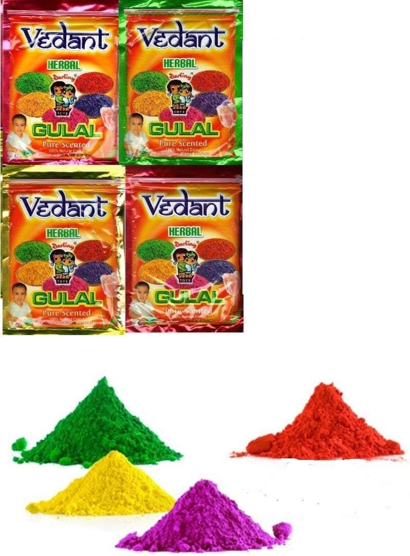 Vedant Non Toxic Holi Herbal Gulal Pouch (Assorted Colours, 100 g) Pack of 4 Pieces