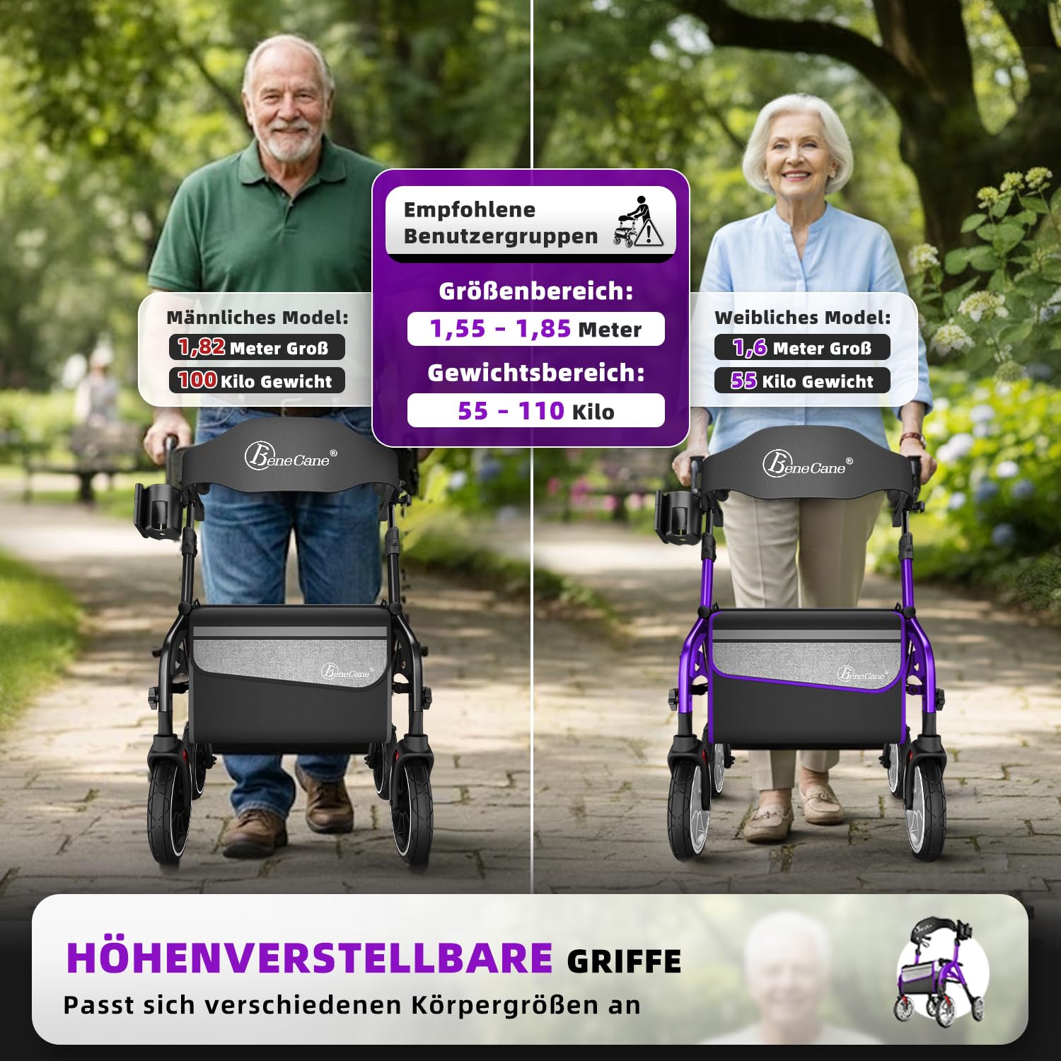 BeneCane Rollatory outdoorowe, składany i lekki, z siedziskiem, pomoc przy wstawaniu, pomoc w chodzeniu dla seniorów, łatwe składanie, regulacja wysokości, z siedziskiem, paskiem na plecy, torbą