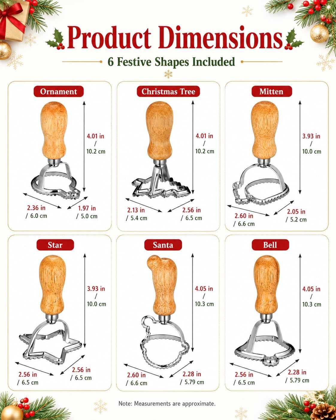 Mikikit 6-piece Christmas Ravioli Stamp Cutter Set for Pasta And Pierogi 6 Festive Shapes, Fluted Edges Seal Fillings, Wood Handle Grip, for Ravioli And Pierogi, Holiday Pasta Making