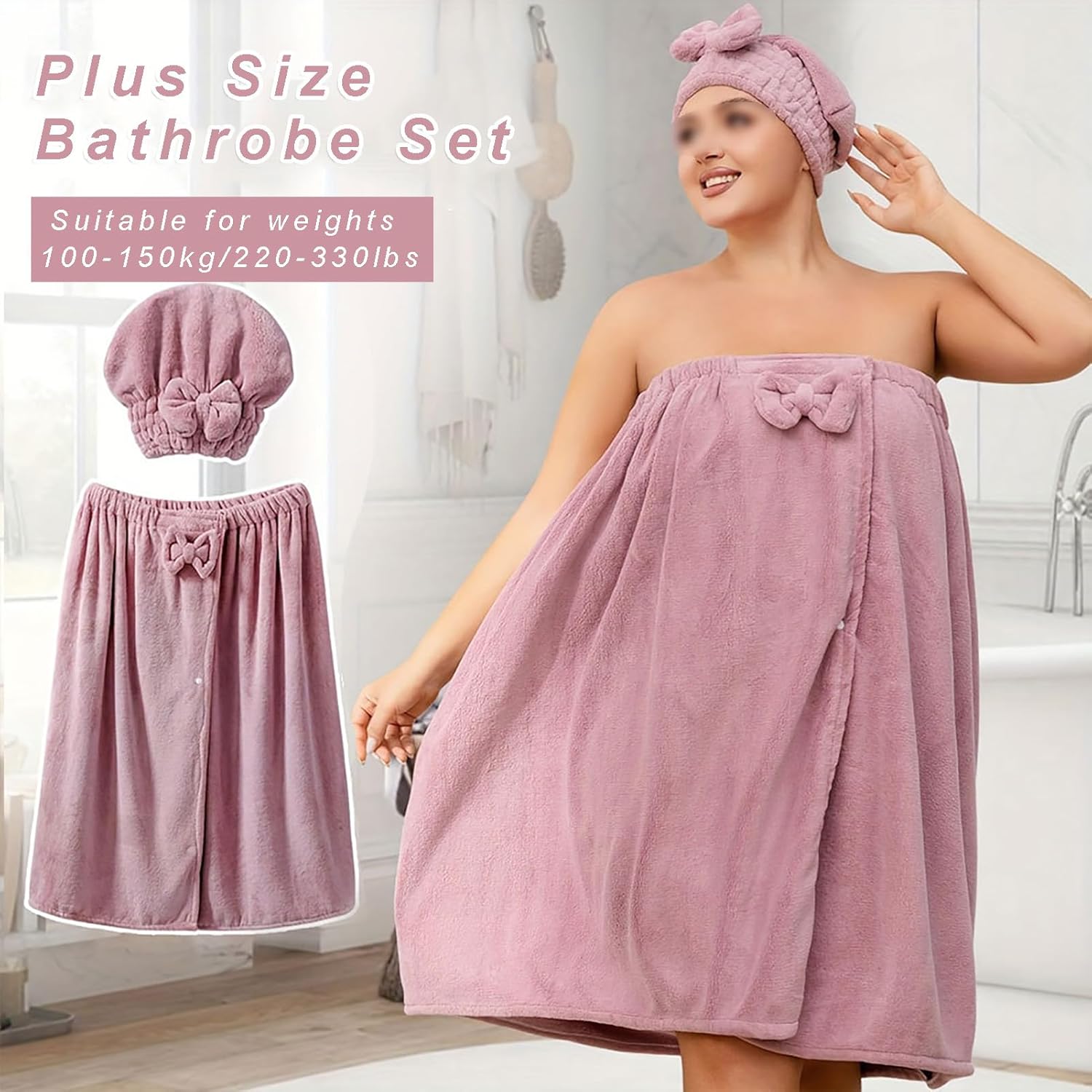 Plus Size Adjustable Bath Skirt & Quick-Dry Cap Set, Soft Coral Fleece Bath Wrap with Bow Decoration & Secure Non-Slip Closure(Bath Skirt + Hat, White)