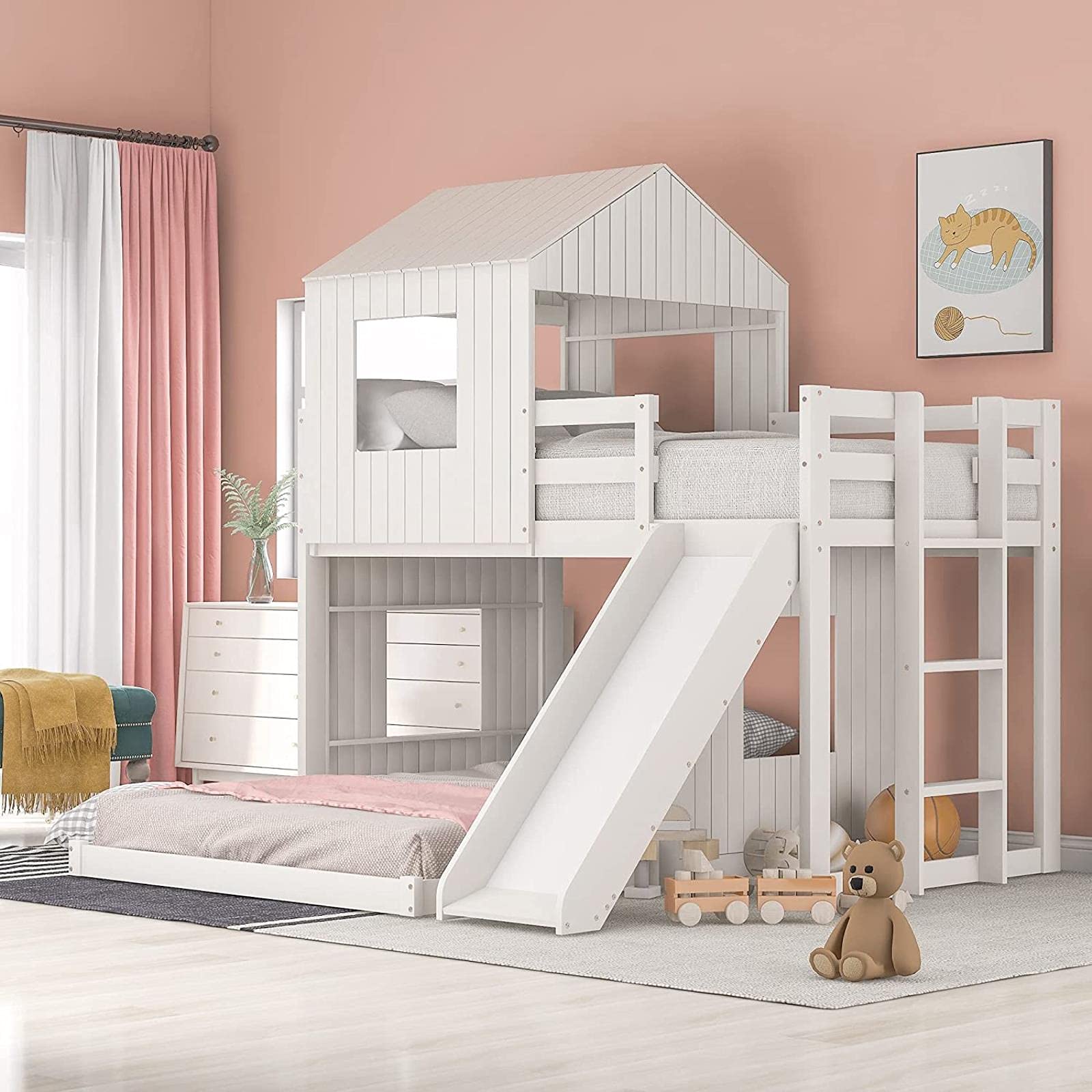 Buy Newest Wooden Twin Over Full Bunk Bed with Slide, Loft Bed Frame