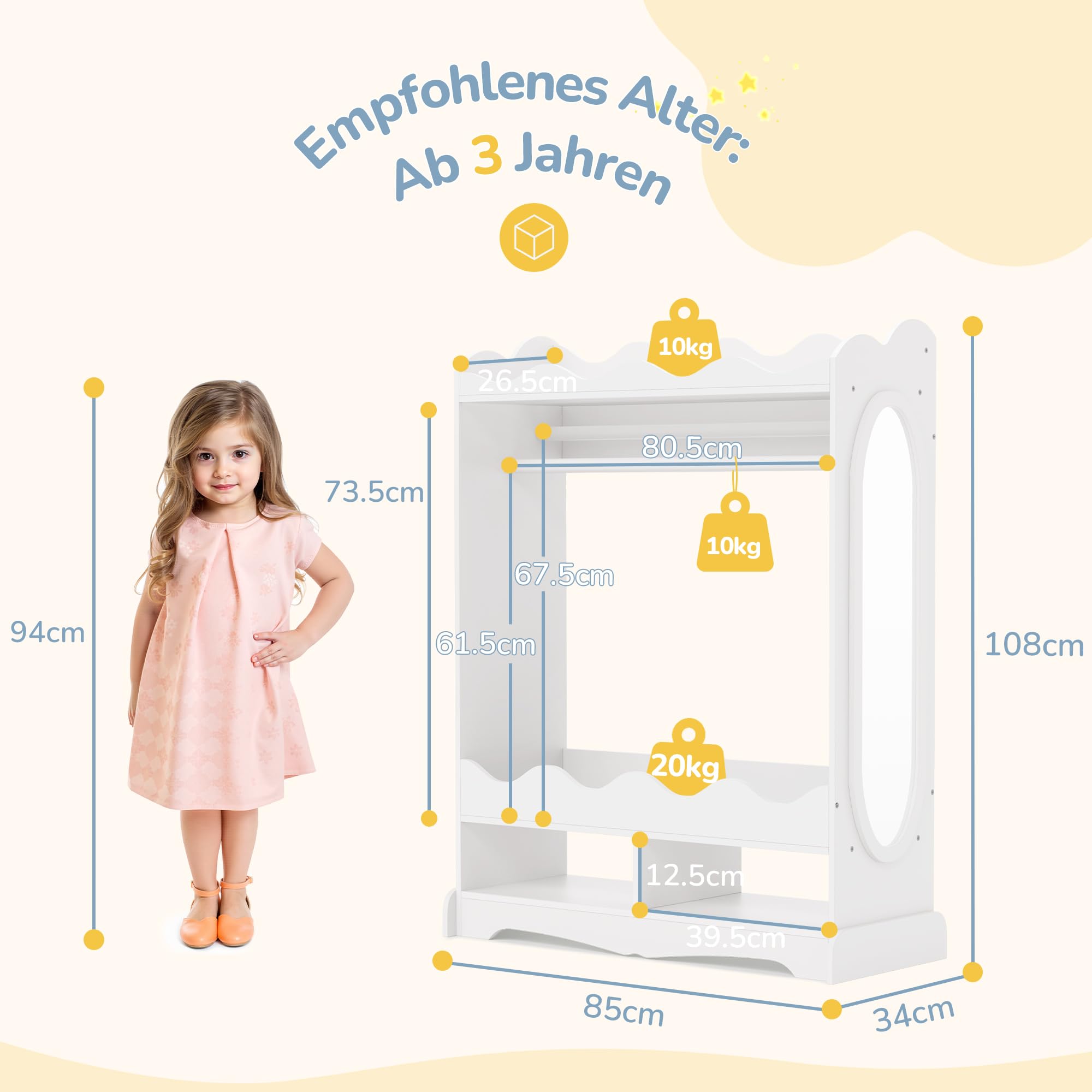 LUE BONA Kinderkleiderschrank, Kindergarderobe mit Spiegel und Kleiderstange, Kinder Kleiderschrank aus Holz mit 3 Haken, Kleiderschrank Kinderzimmer mit Ablage, für Kinderzimmer, 85x108x34 cm, Weiß