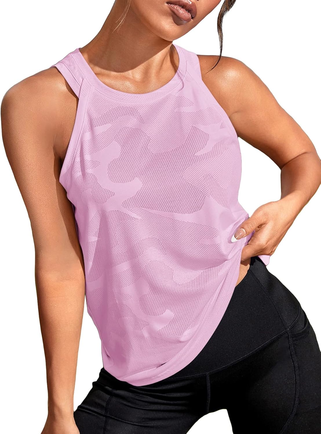 OYOANGLE Women's Camo Print Sleeveless Workout Shirts Exercise Running Tank Tops Active Gym Yoga Tank Top