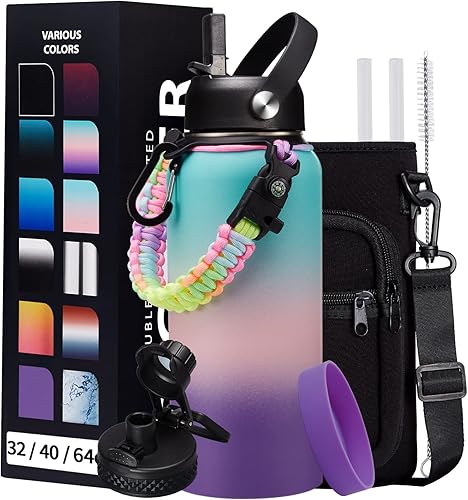 Miniatura 49 de Botella de agua de acero inoxidable aislada al vacío de 40 onzas, mantiene frío 48 h y caliente 24 h, tapa de pajilla y boquilla, funda de Verde