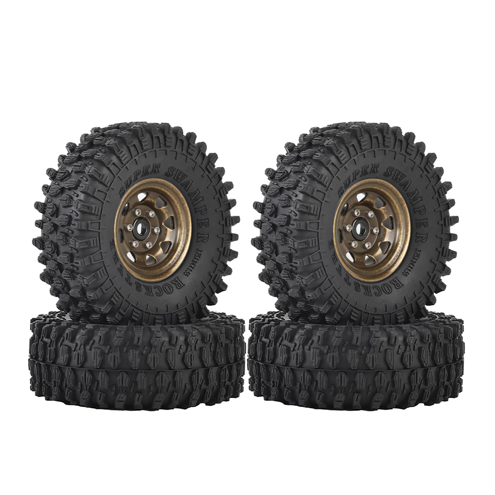 KINGCOO 4Stück 1,55 Zoll RC Metall Beadlock Felgen Räder mit 95mm Alle Terrain Gummireifen Set für 1/10 RC Crawler Auto für Tamiya Axial D90 TF2 CC01 LC70 LC80 Upgrade Teil (8Löcher Bronze)