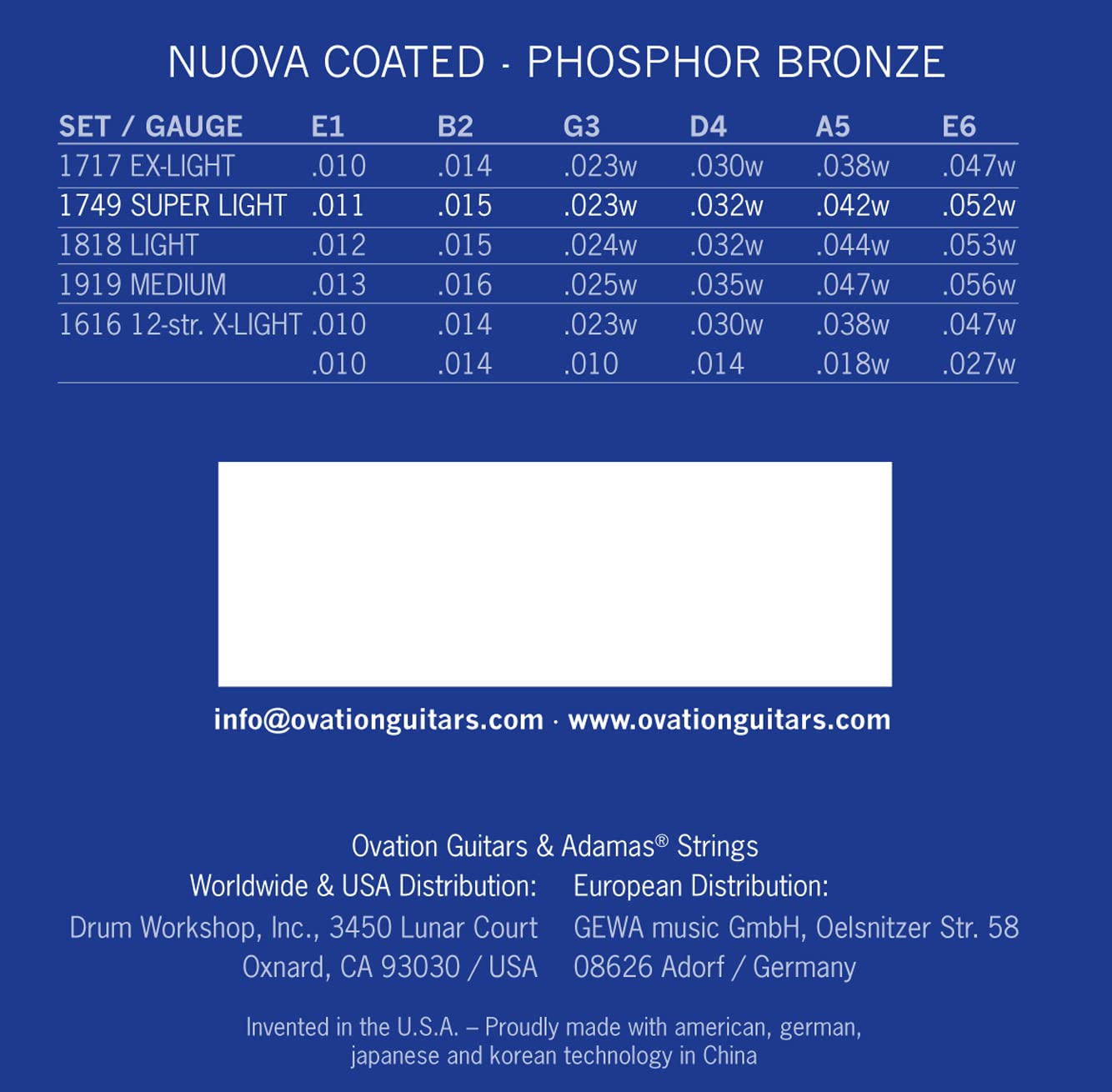 Adamas Cuerdas para Guitarra Acústica Nuova Phosphor Bronze Coated Pack Set 3 cuerdas Super-Light .011 1749NU-3