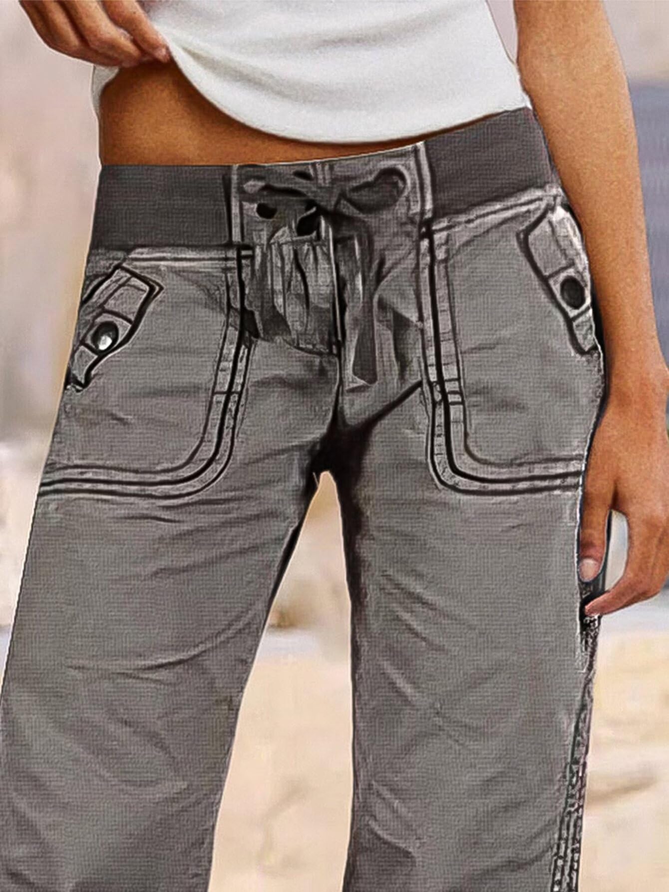 Flamingals Straight Leg Pants for Women Drawstring Waist Mid Rise Casual Solid Seam Detail Pants