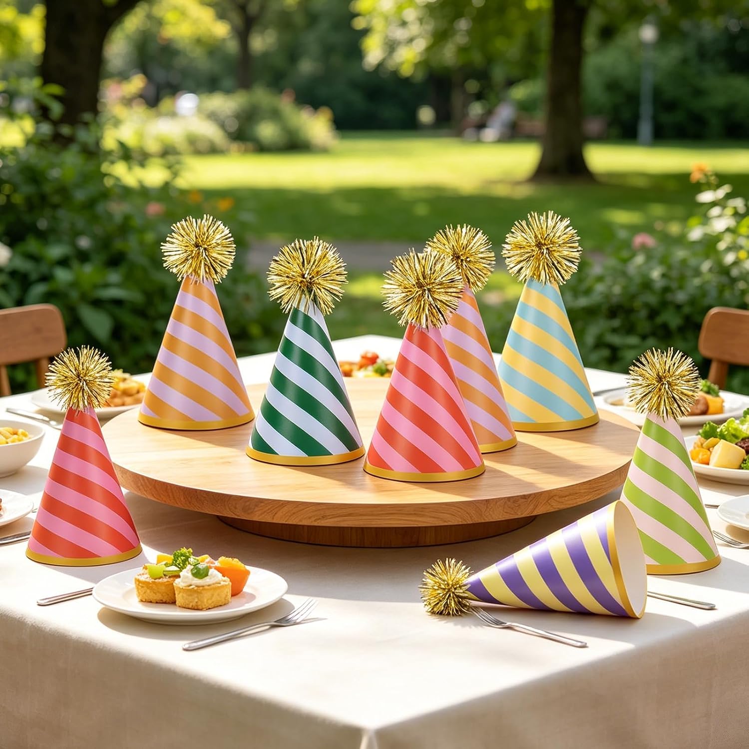 Whaline 24 Pcs Stripe Birthday Party Hats with Gold Pom Poms Paper Cone Hat Photo Prop image 5