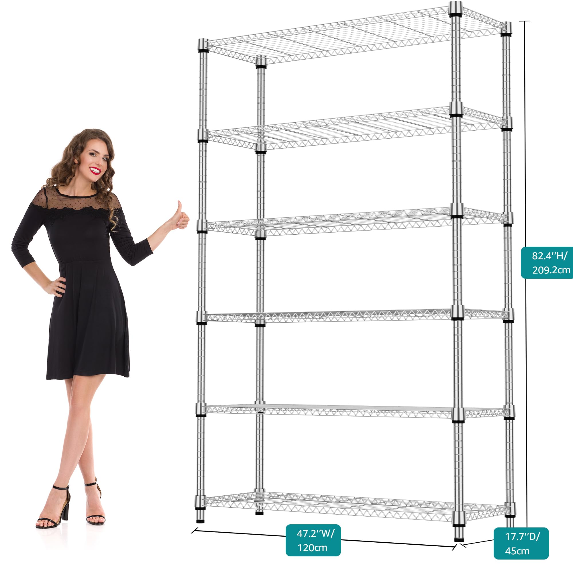 M MZG Scaffale a 6 ripiani, in metallo, per garage, cucina, bagno, lavanderia, portata massima 953,4 kg, cromato, 45 x 120 x 209,2 cm
