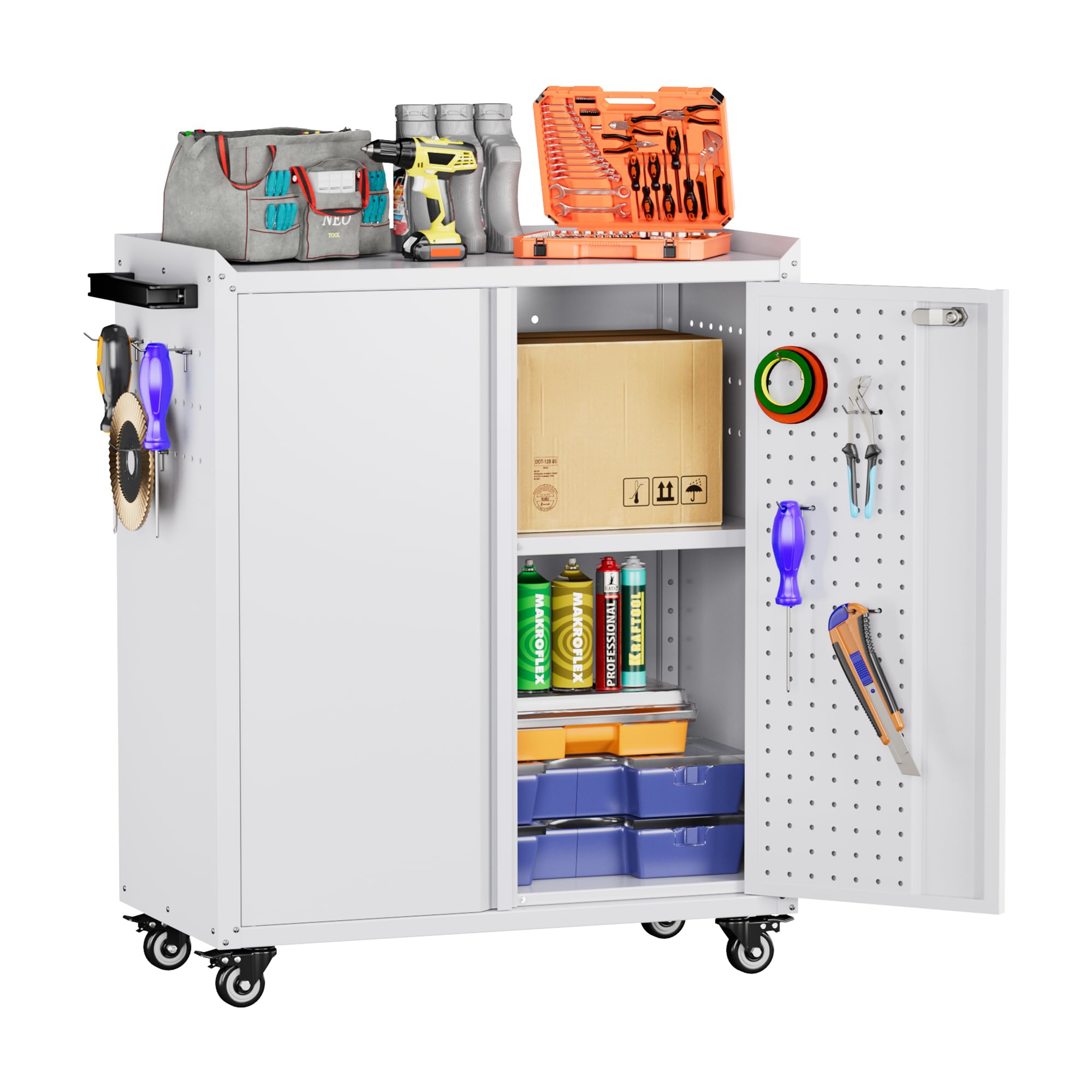 Metal Storage Cabinet with 2 Doors and 4 Hooks,34" H Top Workbench Mobile Tool Chests Garage Cabinets with 4 Wheels and Lock/Push Arm for Home,Office,Shop(White)Recycled Claim Standard 100