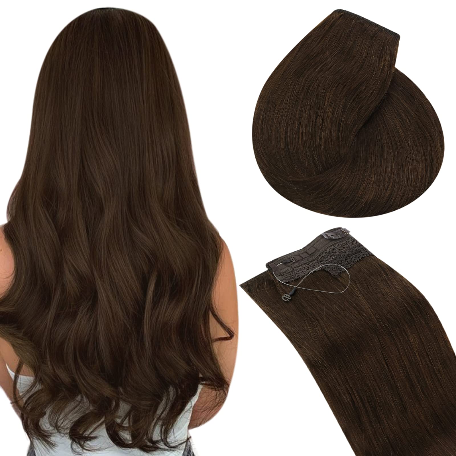 Sunny Hair Wire Hair Extensions Real Human Hair Fish Line Human Hair Extensions Invisible Wire Extensions Chocolate Brown #4 16 InchClimeCo Certified