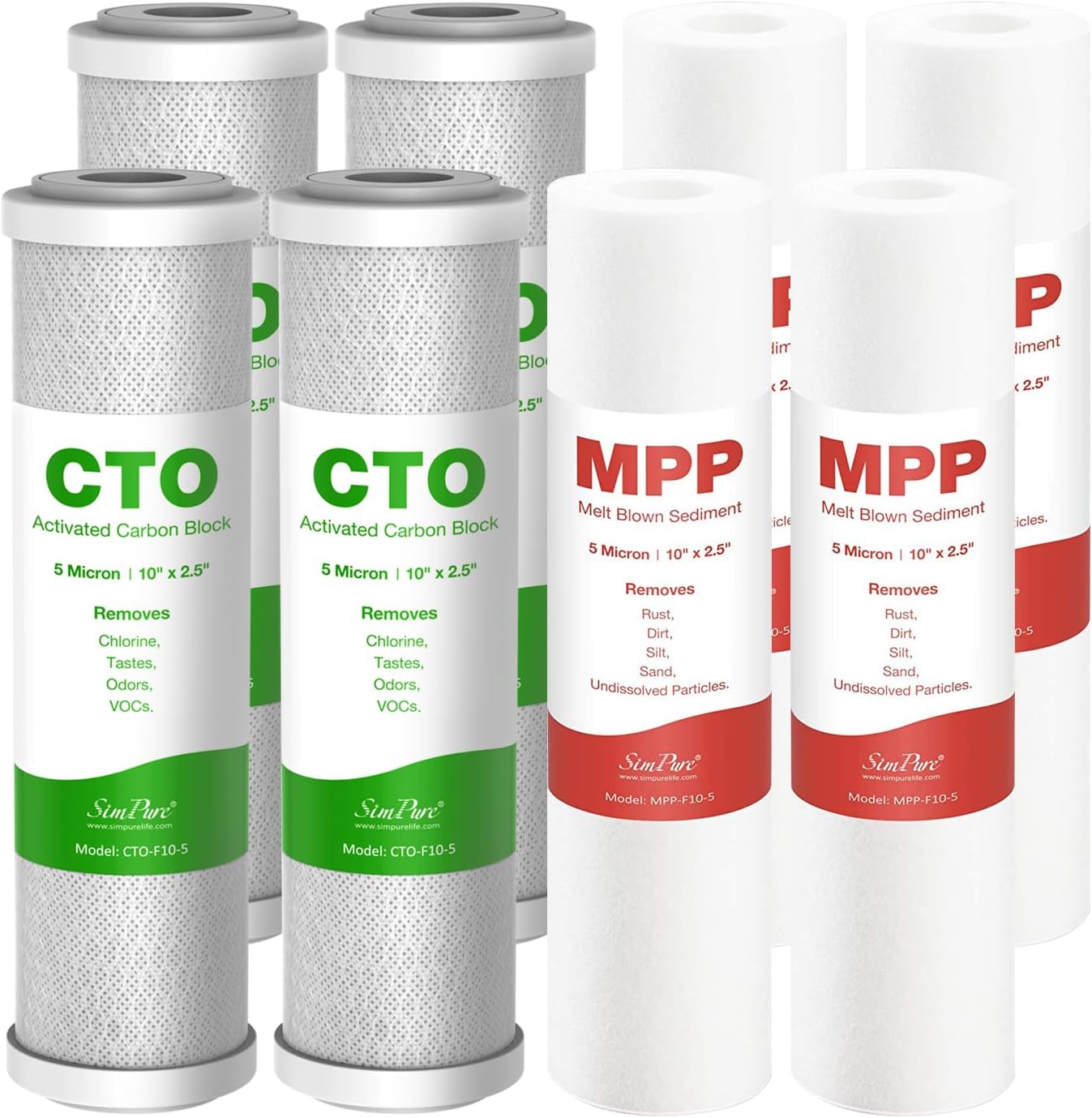 SimPure 5 Micron 10" x 2.5" CTO Carbon Water Filters and Polypropylene Sediment Filters, 4 Pack Each