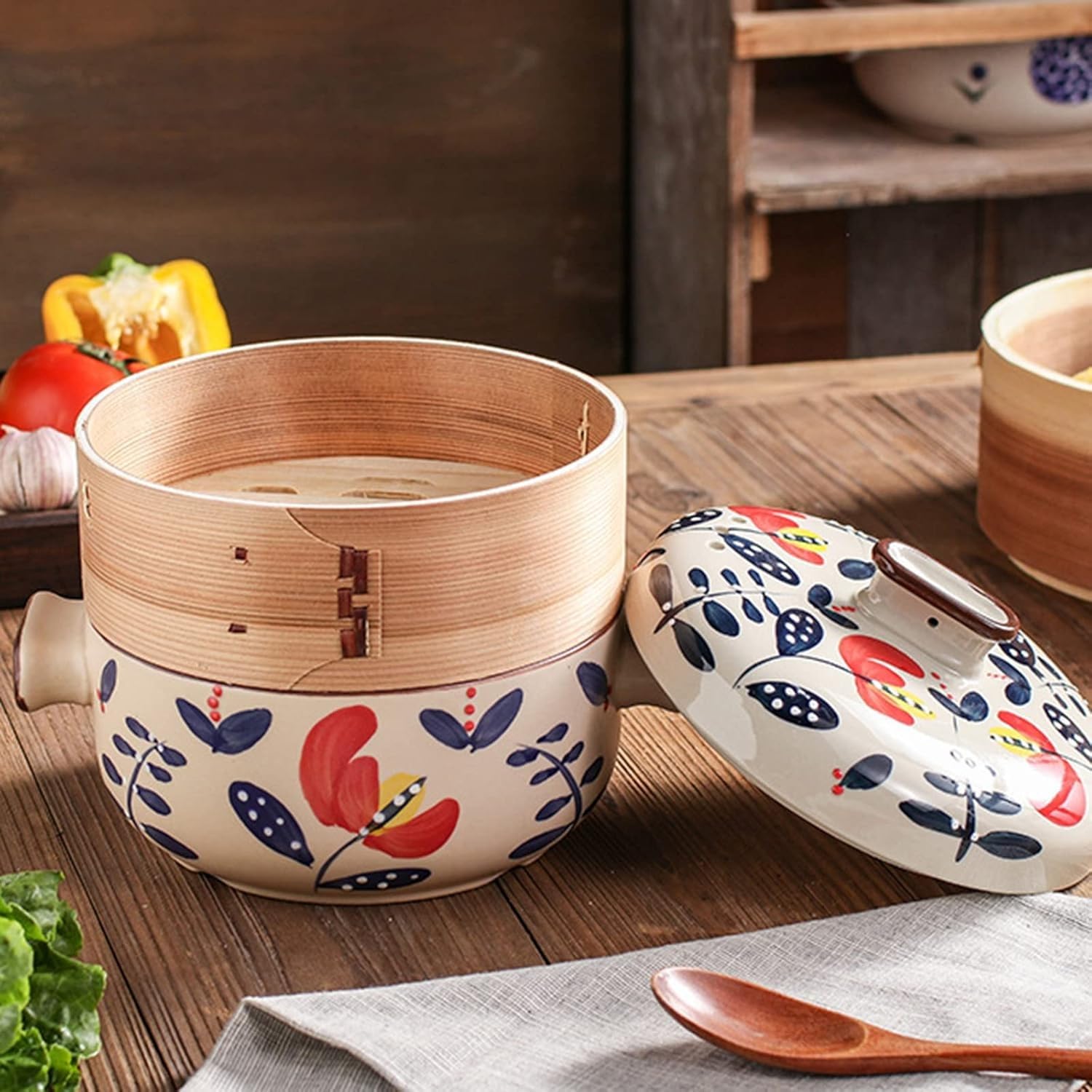 Wielofunkcyjny ceramiczny garnek do zapiekania z bambusowym parowcem, naczynia do gotowania na parze w stylu japońskim do kuchni(4L)