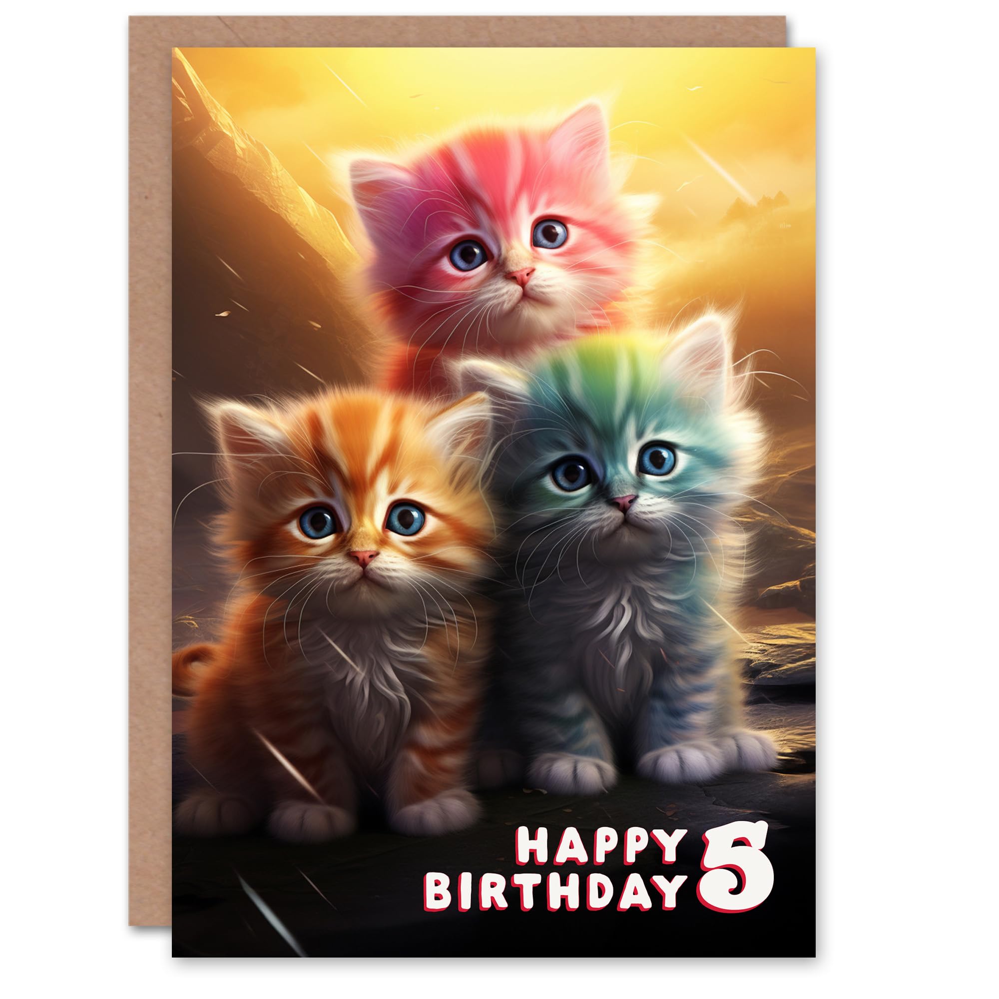 Artery8 5th Birthday Greeting Card Cute Rainbow Kittens Kids Age 5 Year Old Child