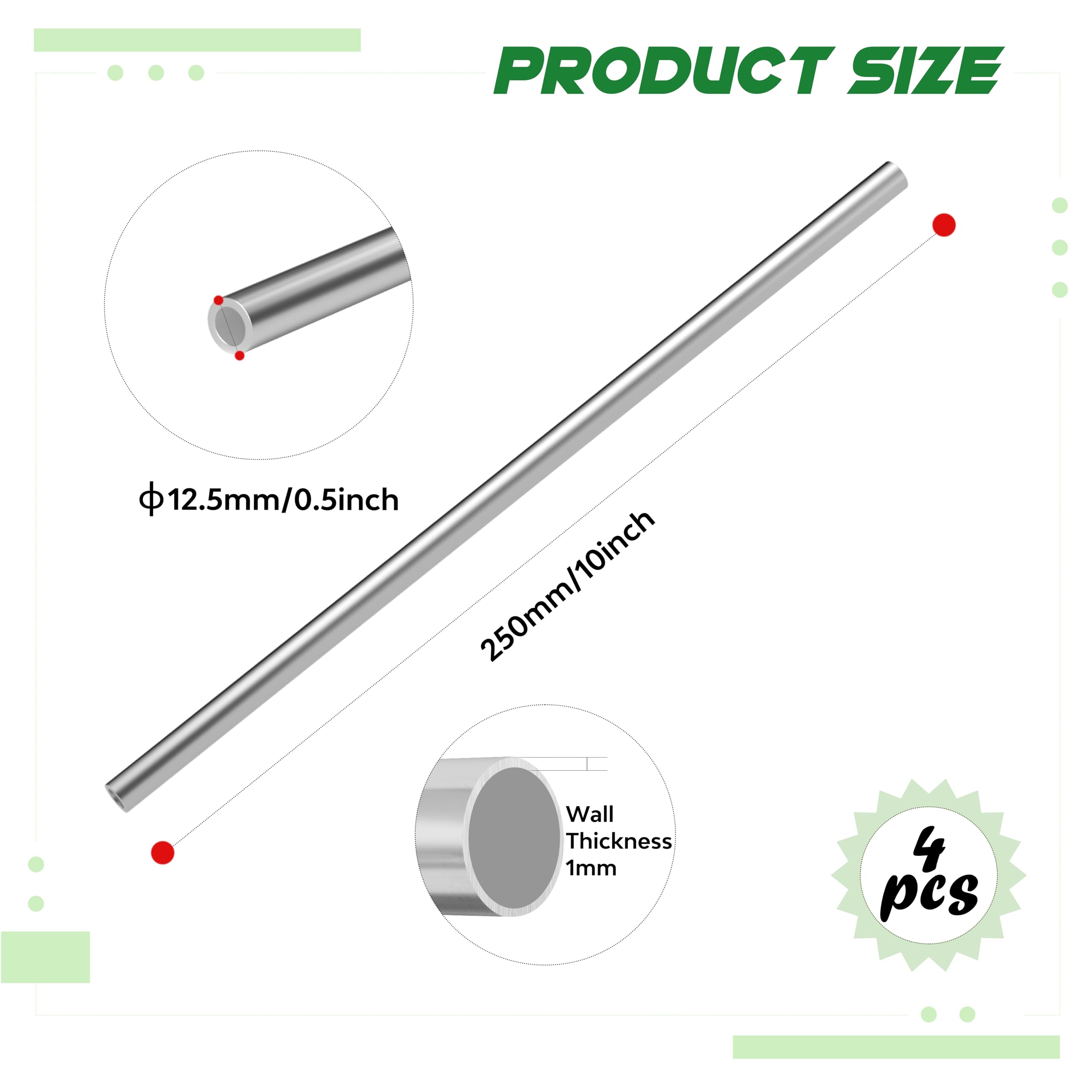 4 pièces de tubes en acier inoxydable 304, diamètre extérieur de 12,5 mm x épaisseur de paroi de 1 mm x longueur de 250 mm – Tube rond en acier inoxydable sans soudure pour modélisme, construction