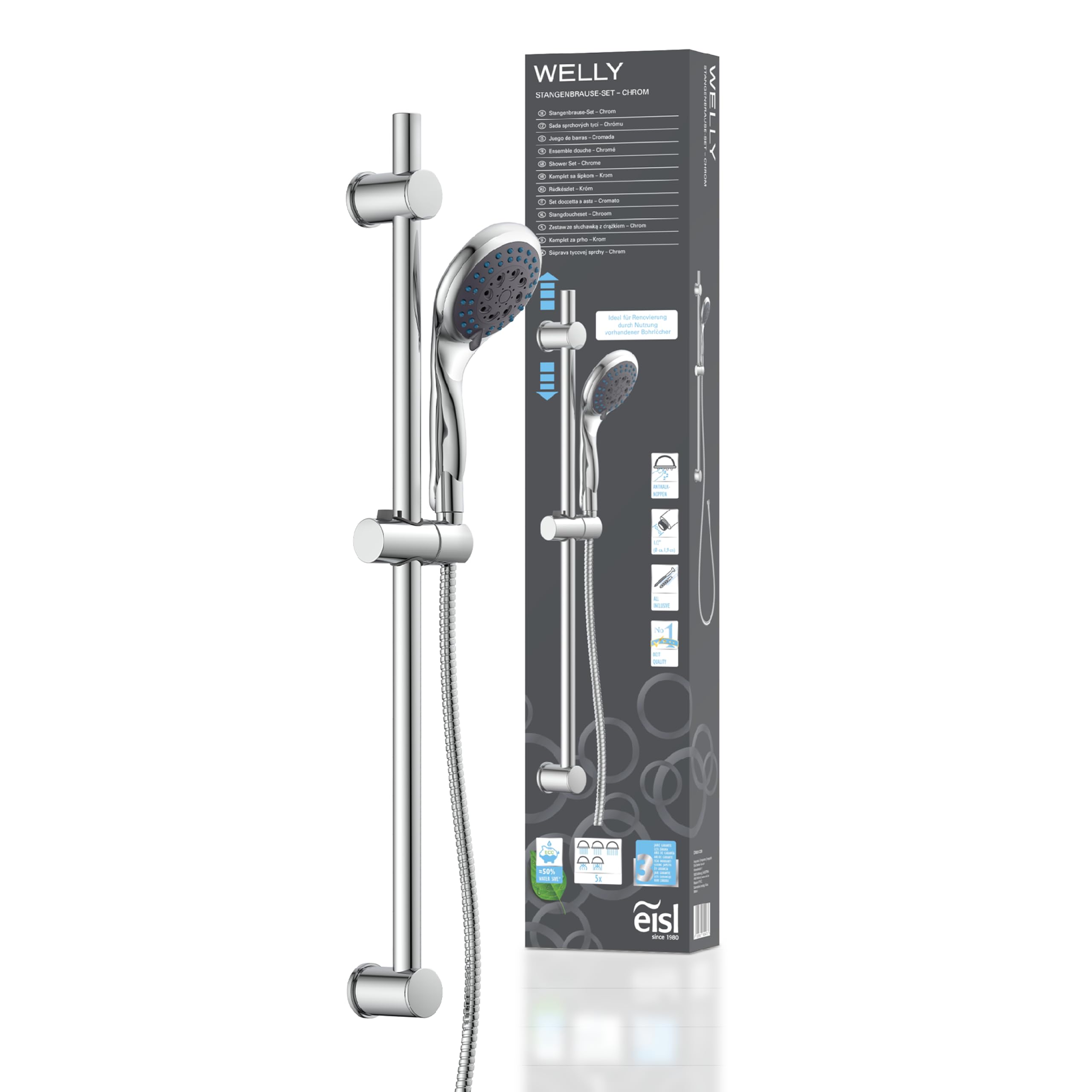 EISL WELLY DX6051CSB - Doccetta con tubo e supporto, inclusa guarnizione per risparmio d'acqua, soffione doccia con tubo, cromato