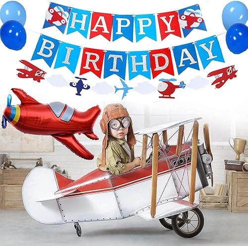 Miniatura 2 de 50 decoraciones de fiesta de avión, pancarta de feliz cumpleaños, globos de nube de avión, decoración para tartas, aviones planeadores para niños,