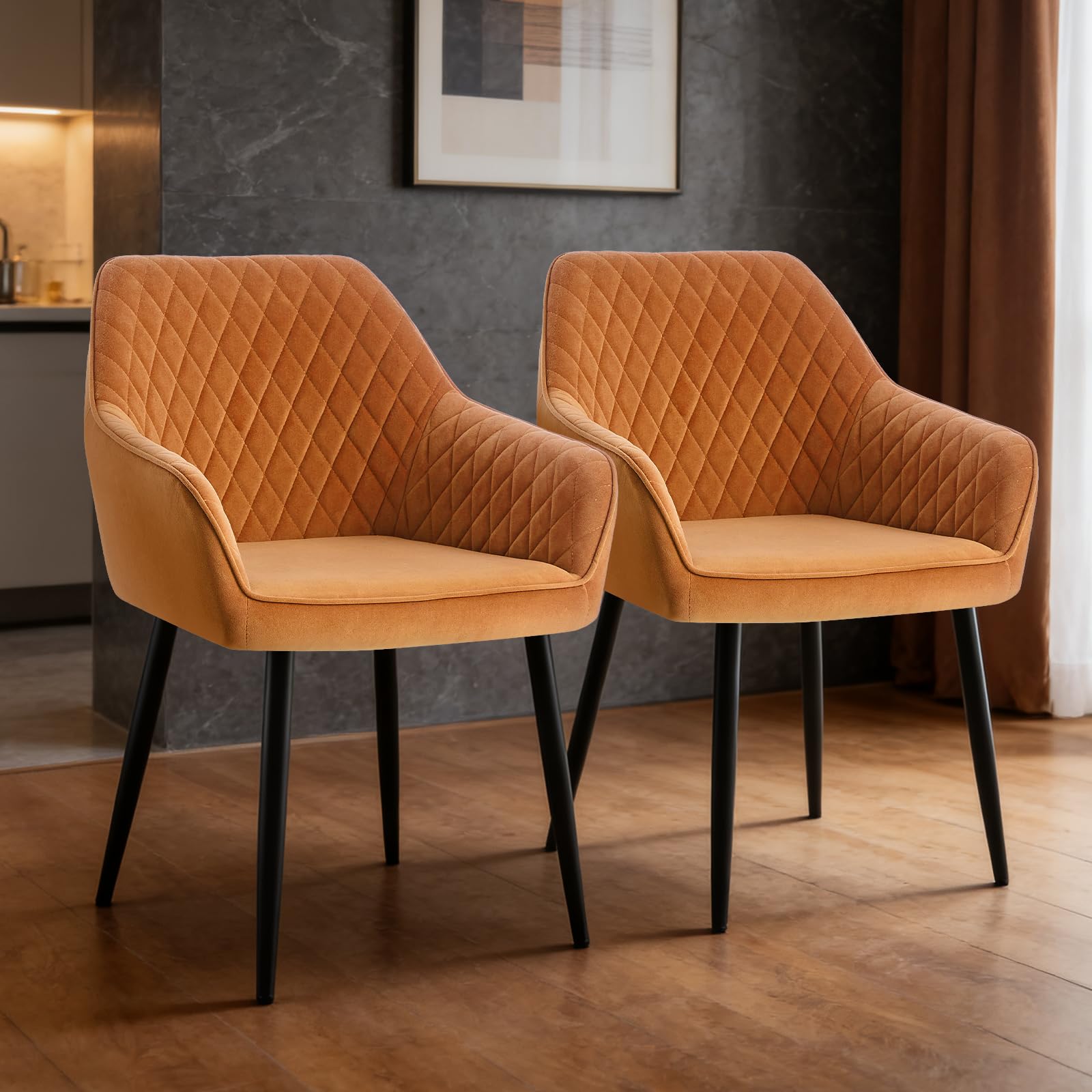 ZOONFA Upholstered Dining Chairs Set of 2 Velvet Kitchen Chair with Backrest Armchairs with Black Metal Legs Accent Chairs for Living Room Office (Orange)