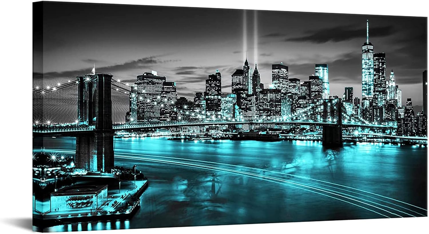 Conipit New York City Canvas Wall Art Black White Brooklyn Bridge Pictures Teal NYC Skyline Cityscape Artwork for Living Room Bedroom Modern Home Decor Framed 24''x48'' (Teal)