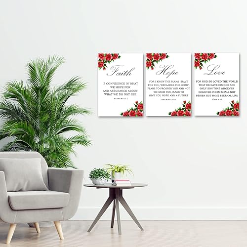 Miniatura 9 de Lienzo cristiano para pared, 3 piezas de versículo bíblico de fe, esperanza y amor, arte de pared inspirador, cita de las escrituras hebreos en
