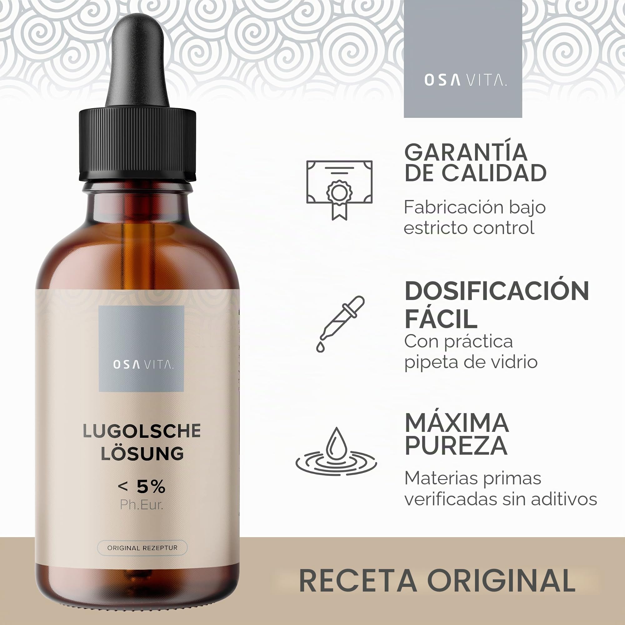Solución Lugola < 5%, fórmula original fabricada en Alemania, pureza farmacéutica según la normativa europea con pipeta de cristal.