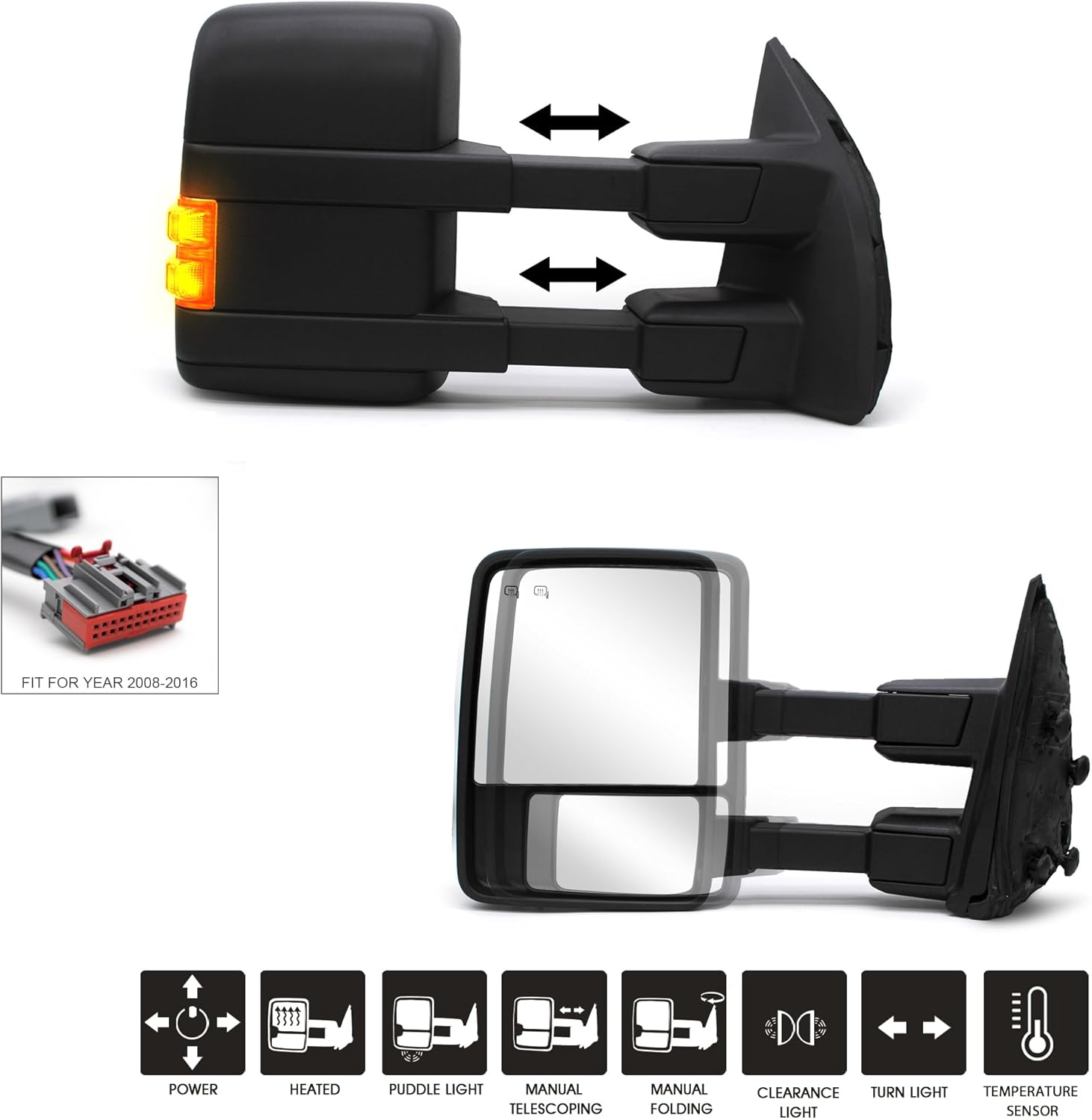 NEYASU Passenger Right Side Towing Mirrors fit for 2008-2016 Ford F250 F350 F450 F550 Super Duty Tow Mirrors Power Heated Defrost Temperature Sensor Amber Turn Signal Lights Manual Extendable Black