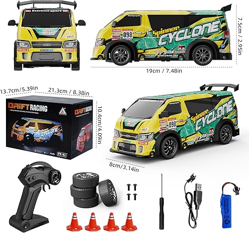 Miniatura 6 de Auto RC Drift a escala 124, vehículo de control remoto de 15.5 mih (pico) 4WD con deriva, auto JDM Drift con luces LED, batería recargable USB,