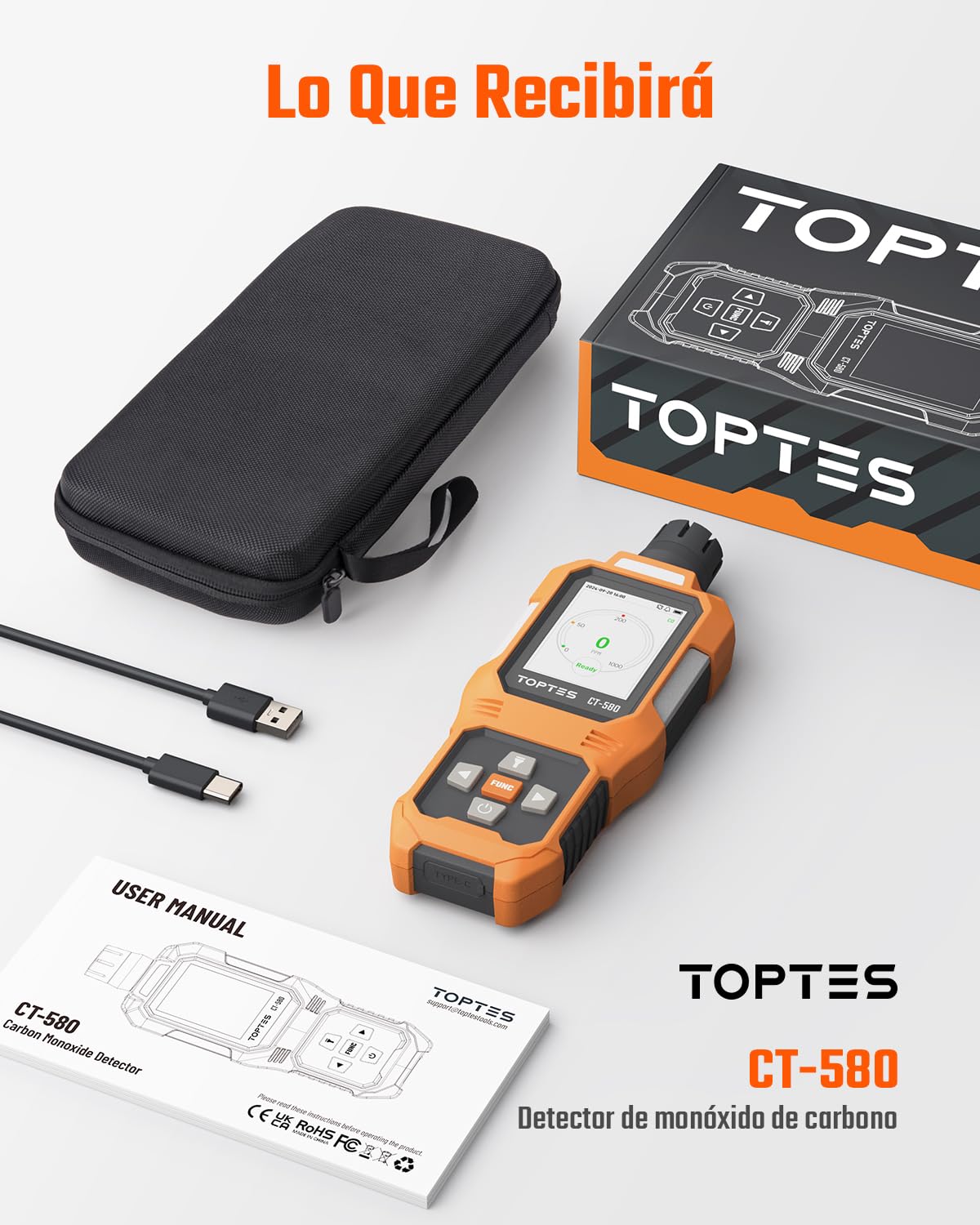 TOPTES CT-580 Detector de monóxido de Carbono, Detector de CO Recargable con alarmas por vibración, visuales y audibles, Alarma CO portátil, 0-1000PPM para el hogar, Coche, Camping y Viajes