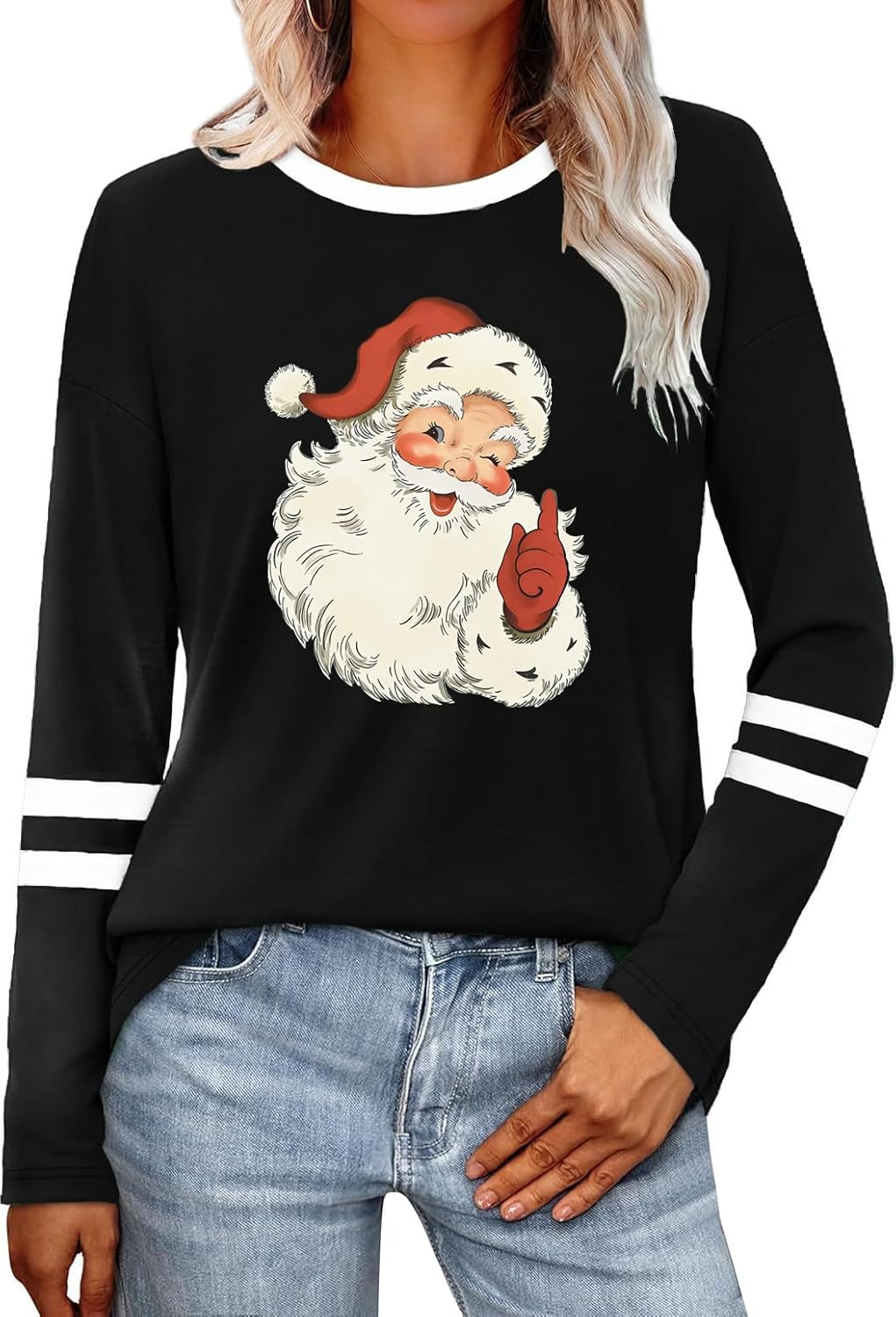 Christmas Shirts for Women Funny Santa Claus Snowflake Long Sleeve Tops Cute Xmas Holiday Blouse