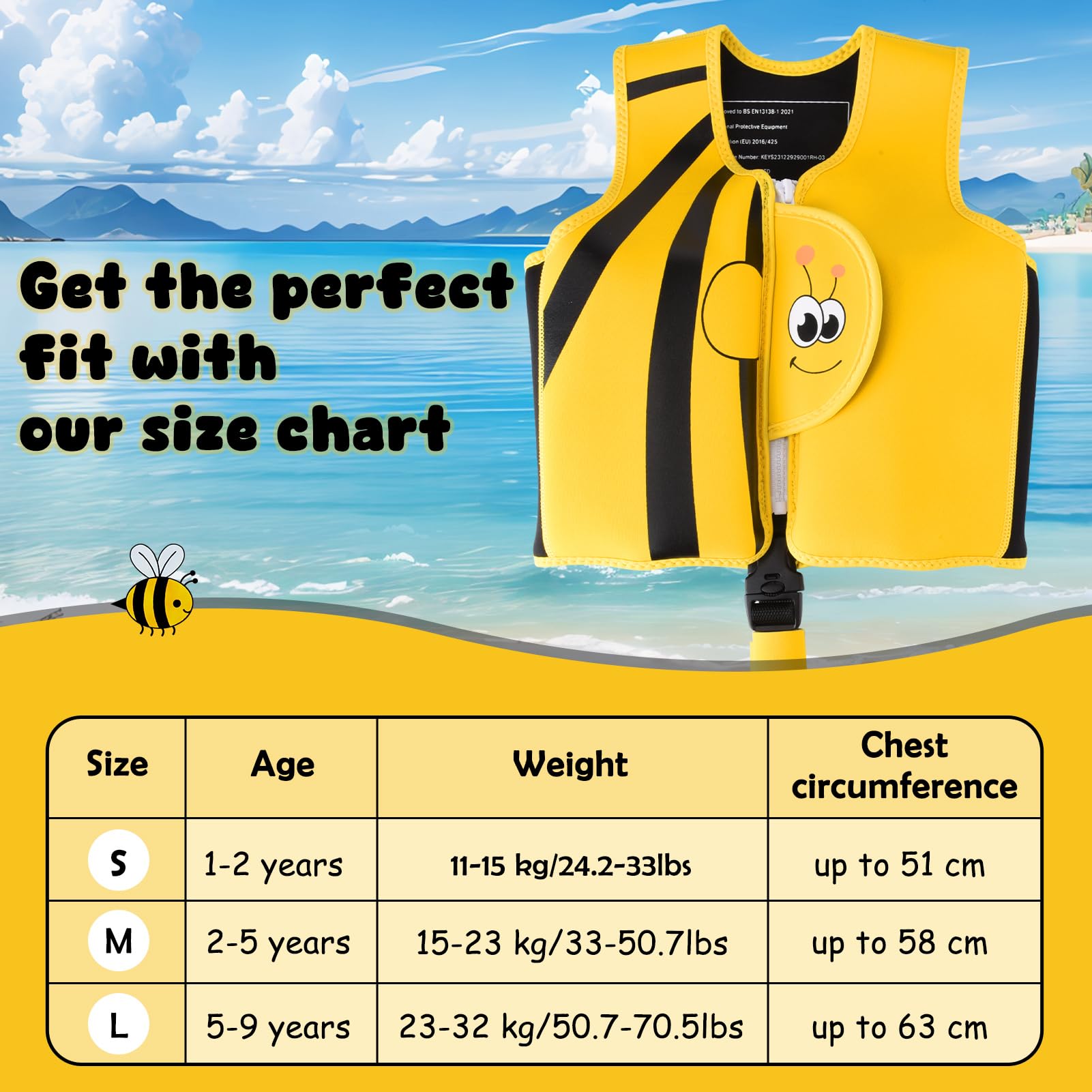 Fuqiduo Schwimmweste Kinder, Schwimmhilfe aus Neopren & EPE - mit Verstellbarem Schrittgurt für Mädchen/Jungen Wassersport
